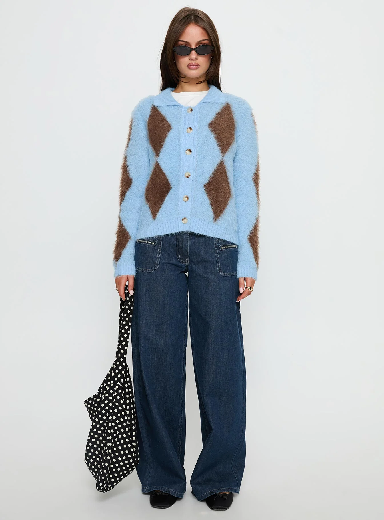 Lynnsey Fluffy Collared Knit Sweater Blue Argyle