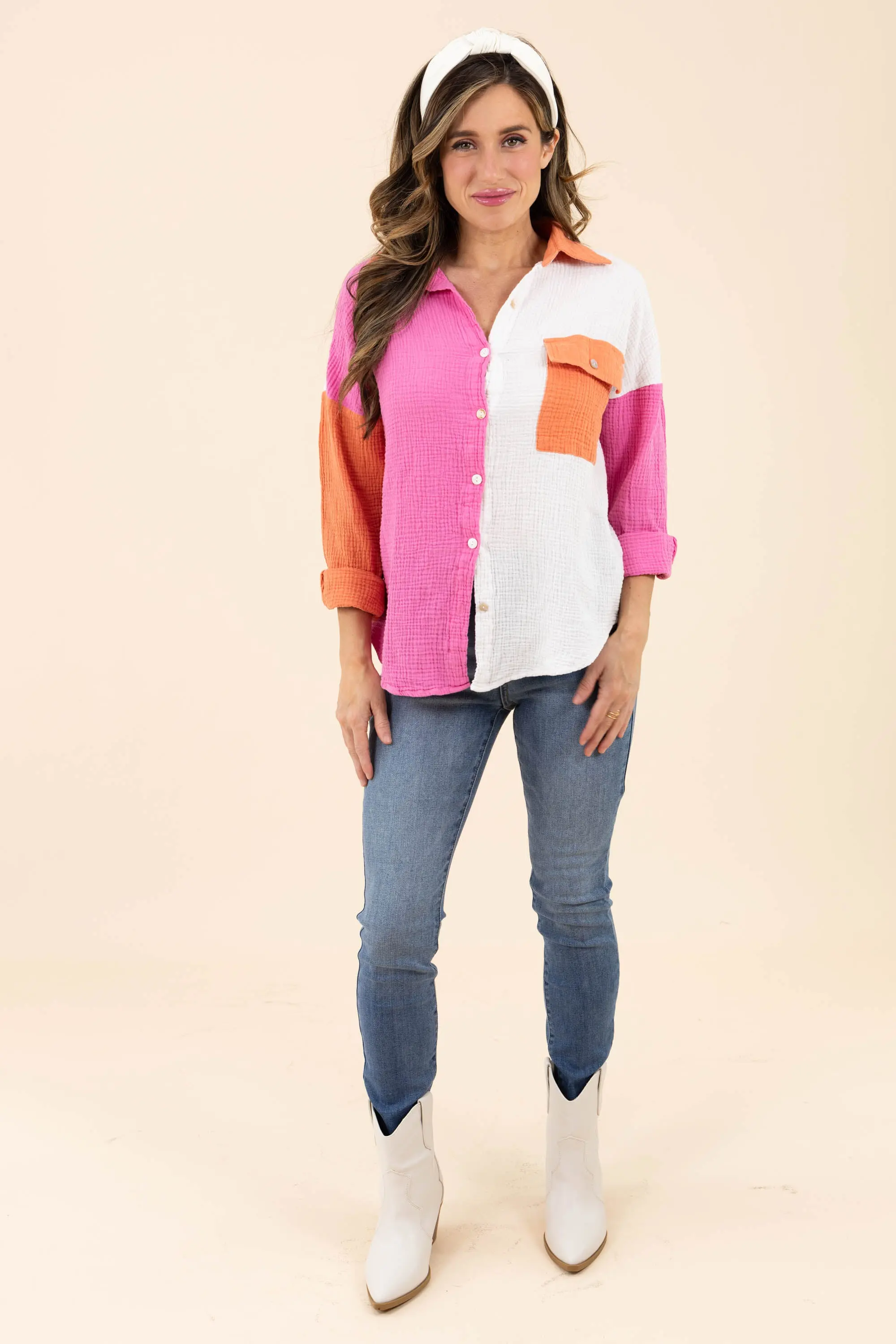 Just Chilling Color Block Button Down Boyfriend Shirt - ALJEGJ