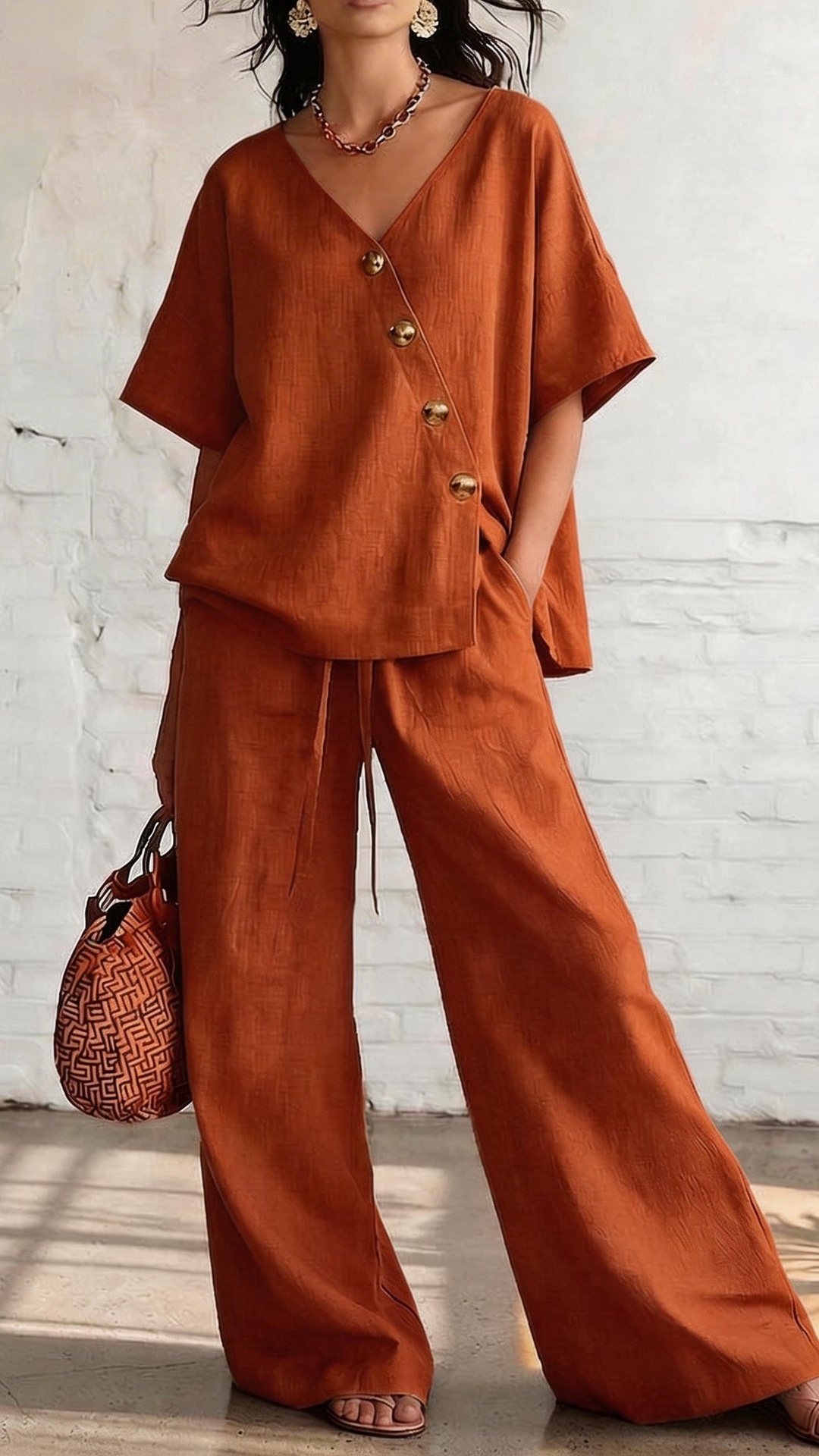 Women's Casual Vacation Loose Cotton Linen V-Neck Wide-Leg Pants Two-Piece Set - Nordfashionstorm - Women's Clothing, Fashion for You - Nordfashionstorm.com