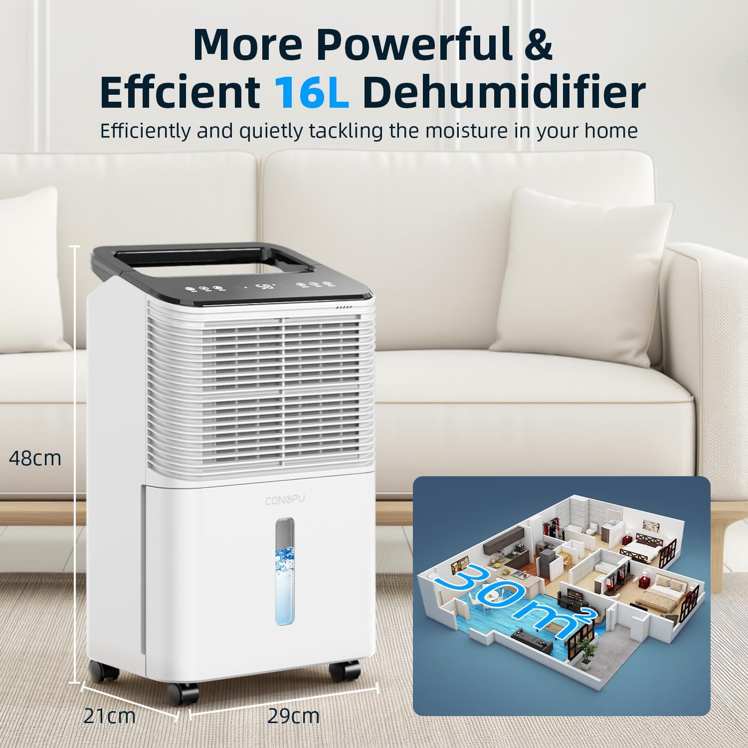 CONOPU Deumidificatore elettrico ultra silenzioso, 16 l/giorno, controllo centralizzato, modalità auto, indicatore di umidità, timer 24 ore, deumidificatore per cantina, più efficiente