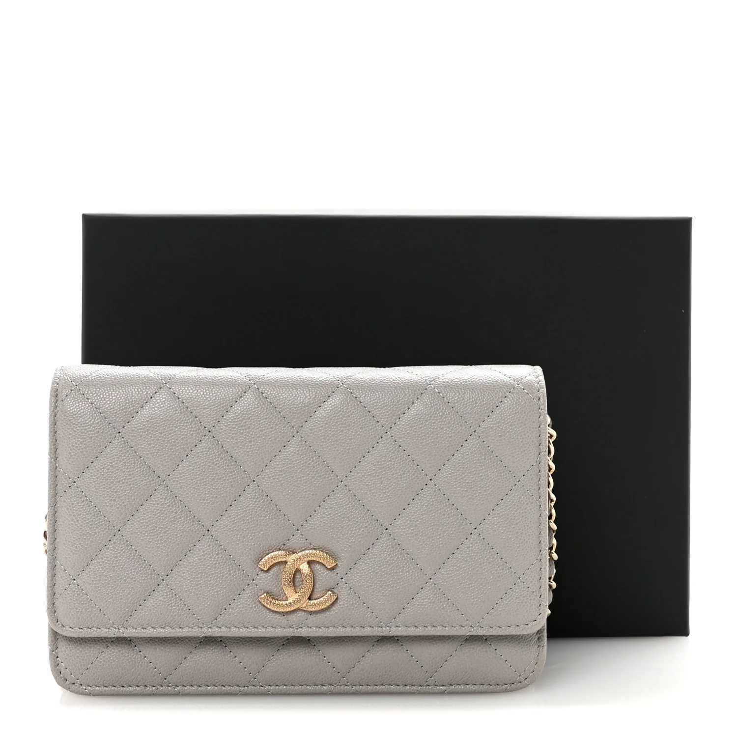 Caviar Quilted Studded CC Wallet On Chain WOC Grey - Top Club
