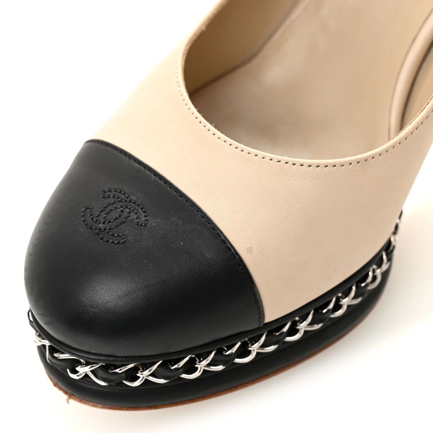 Calfskin CC Cap Toe Platform Chain Pumps 39 Beige Black - Top Club