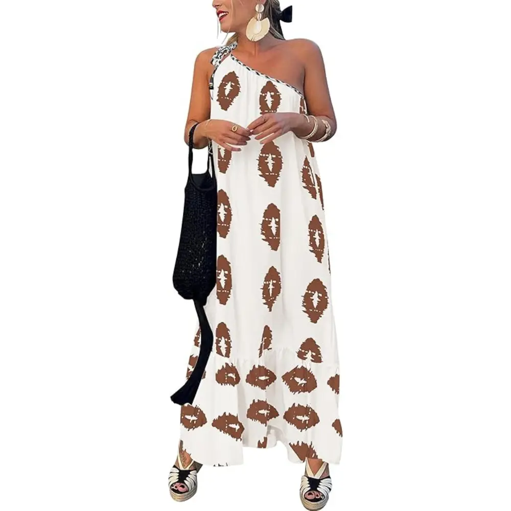 PrettyGarden Women's One Shoulder Spaghetti Strap Printed A Line Flowy Boho Maxi Long Sundress