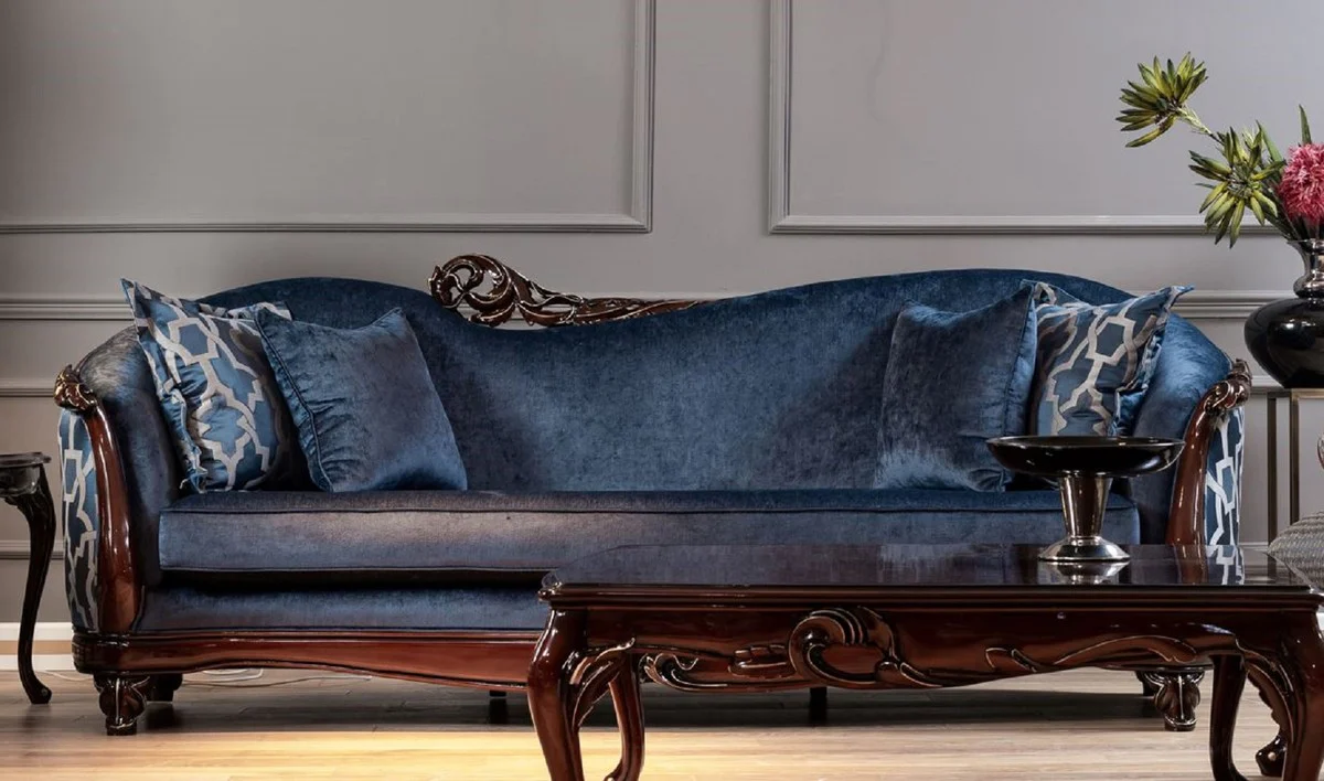Luxury Baroque Sofa Blue / Dark Brown / Gold - Handmade Living Room Sofa in Baroque Style - Baroque Living Room Furniture