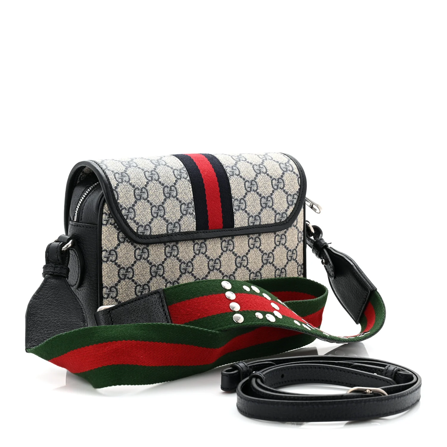 GG Supreme Monogram Textured Dollar Calfskin Web Studded Mini Ophidia Flap Shoulder Bag Beige Blue - Top Club