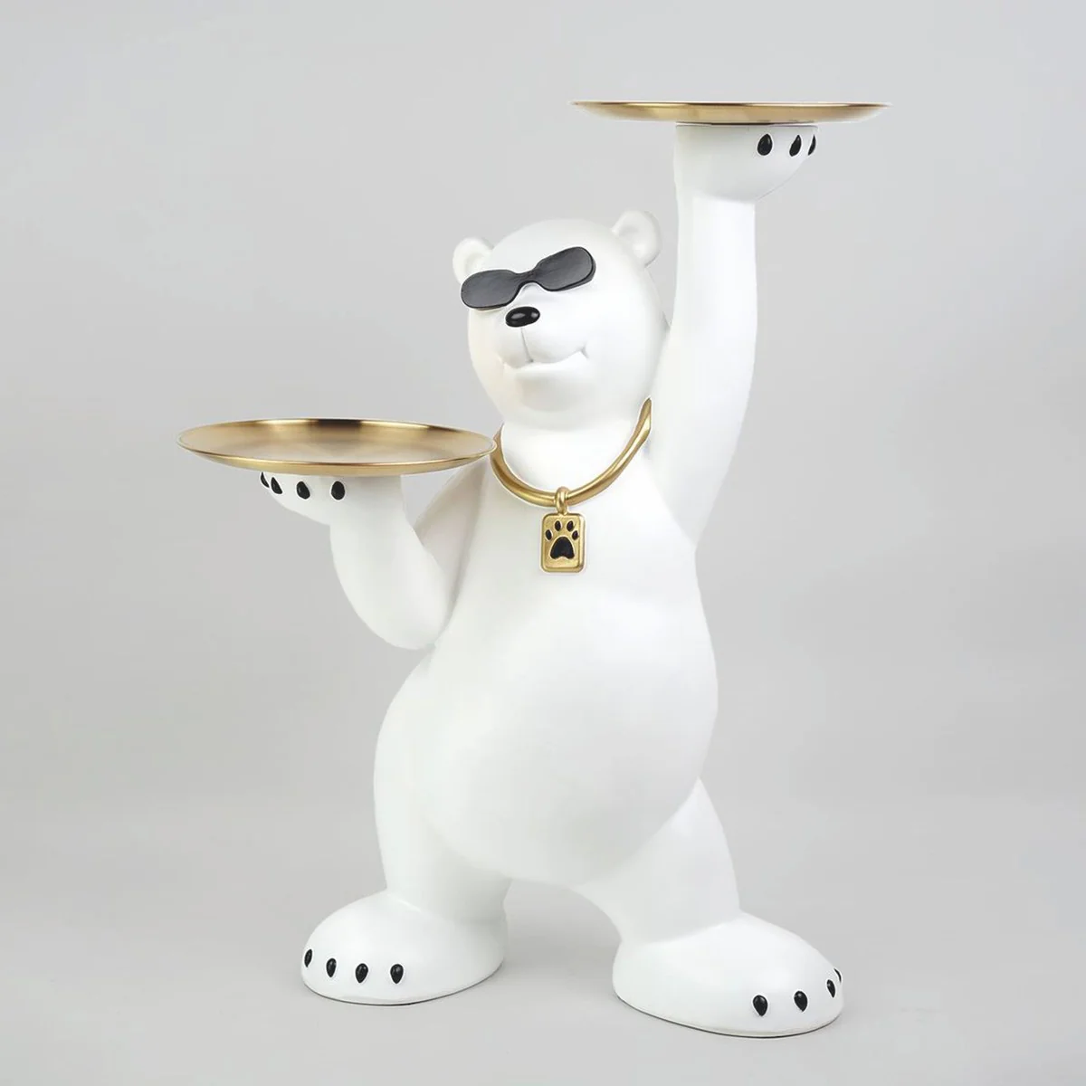 Decorative figure bear with 2 trays white / black / gold H. 78 cm - decorative sculpture
