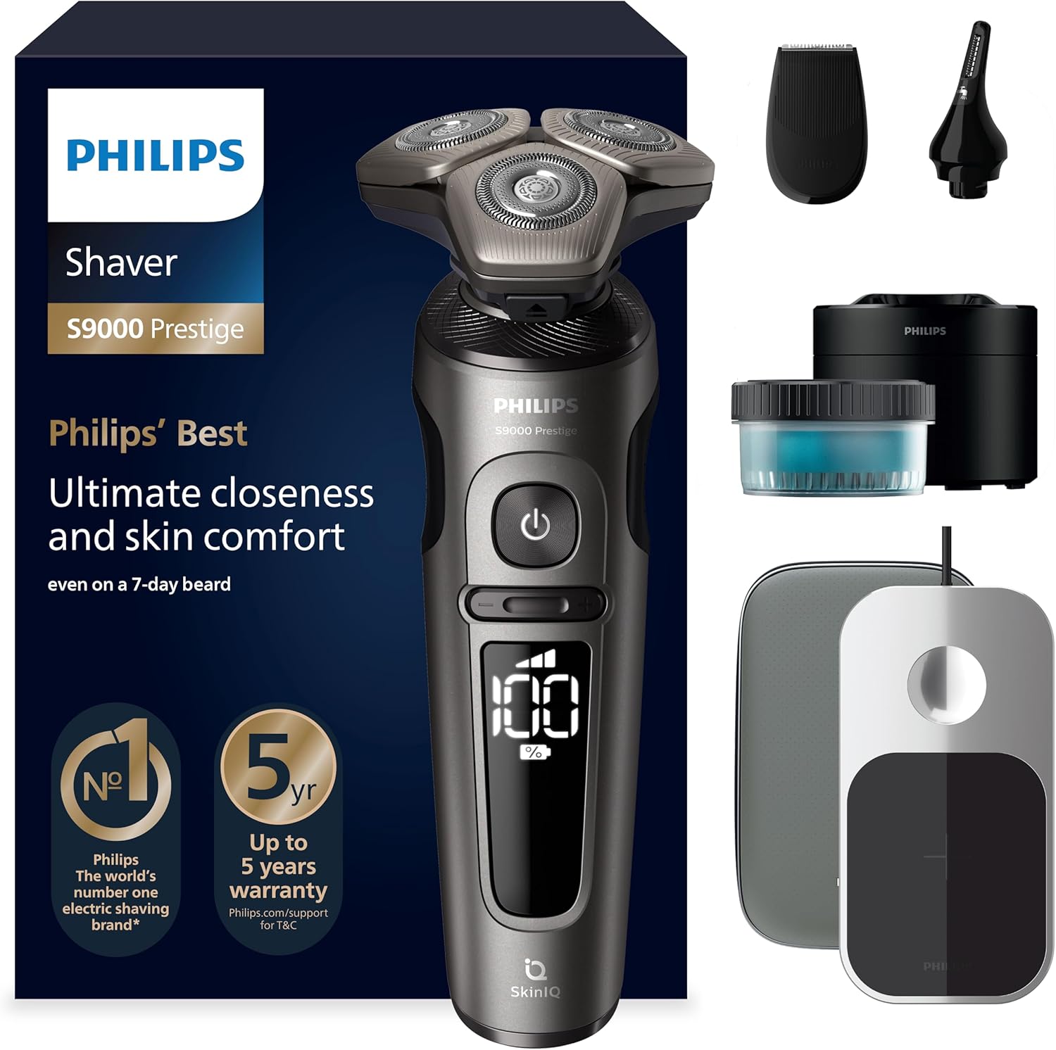 Shaver S9000 Prestige, rasoio elettrico Wet & Dry, Champagne Gold, tecnologia SkinIQ, astuccio qualità, pad ricarica Qi, rifinitore precisione, rifinitore per naso, custodia pulizia, SP9882/36