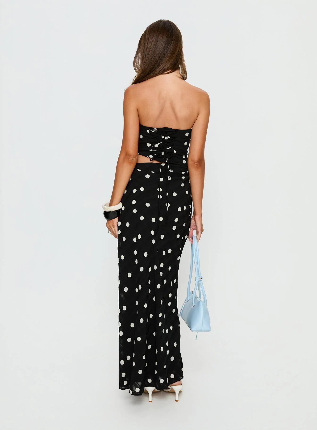 Jasira Strapless Drape Maxi Dress Black Polka Dot
