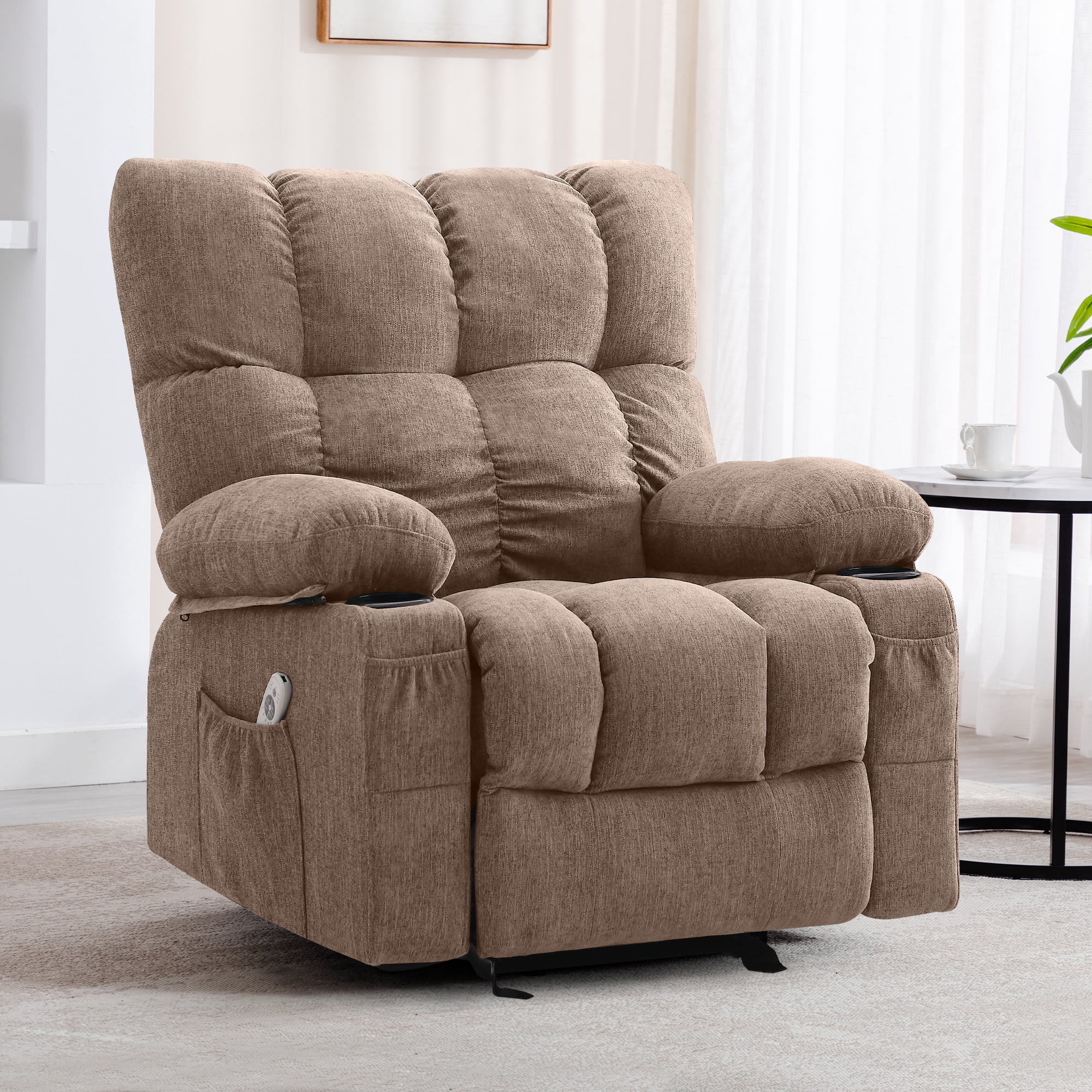 JONPONY Manual Recliner Chair with Heat Therapy and Massage Function, Heavy Duty Reclining Mechanism Massage Chair, Elderly Single Rocker Sofa with Cup Holders for Bedroom Home Theater, Grey