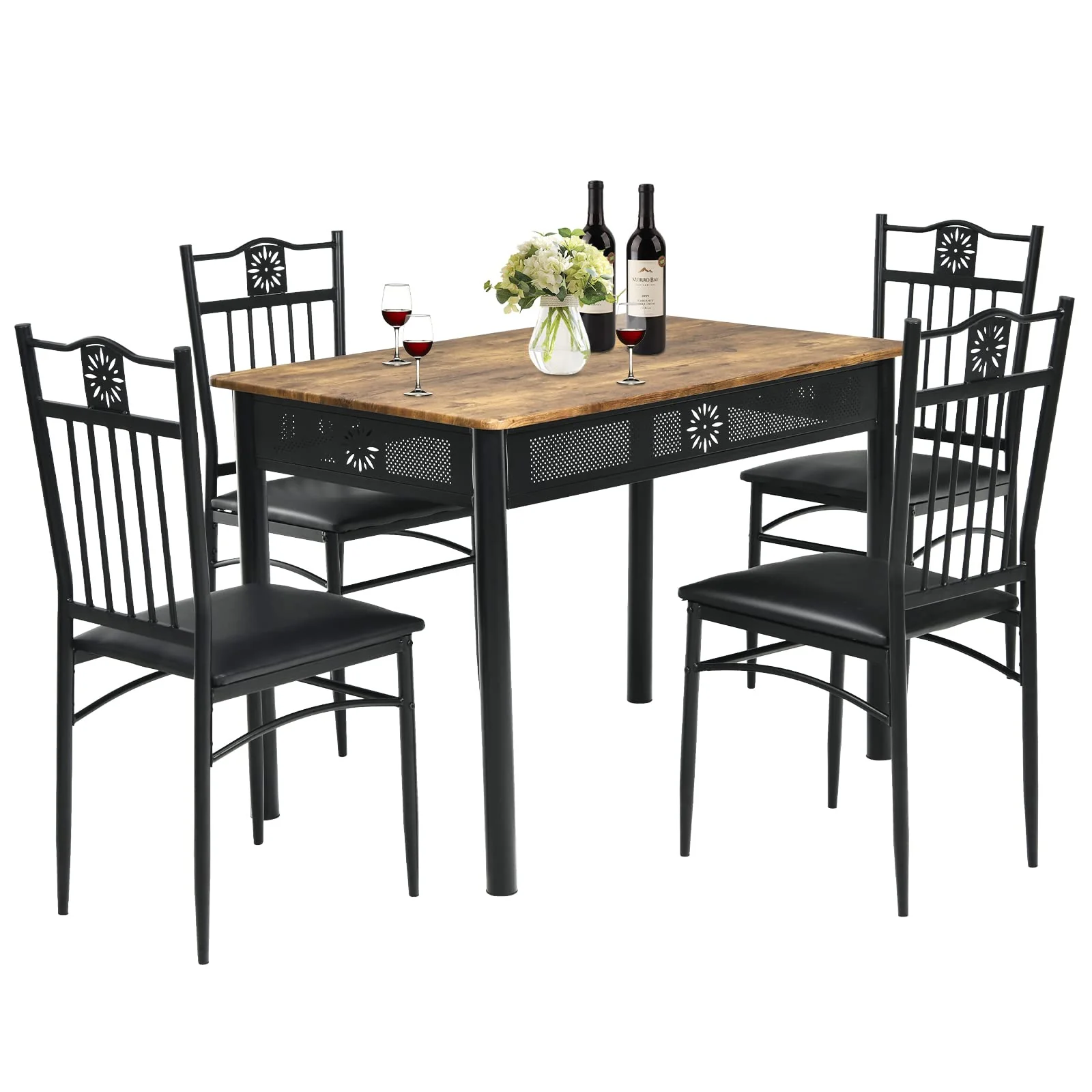 BEFOUNDLOVELY 5 Piece Dining Table and Chairs Set, Vintage Retro Wood Top Metal Frame Padded Seat
