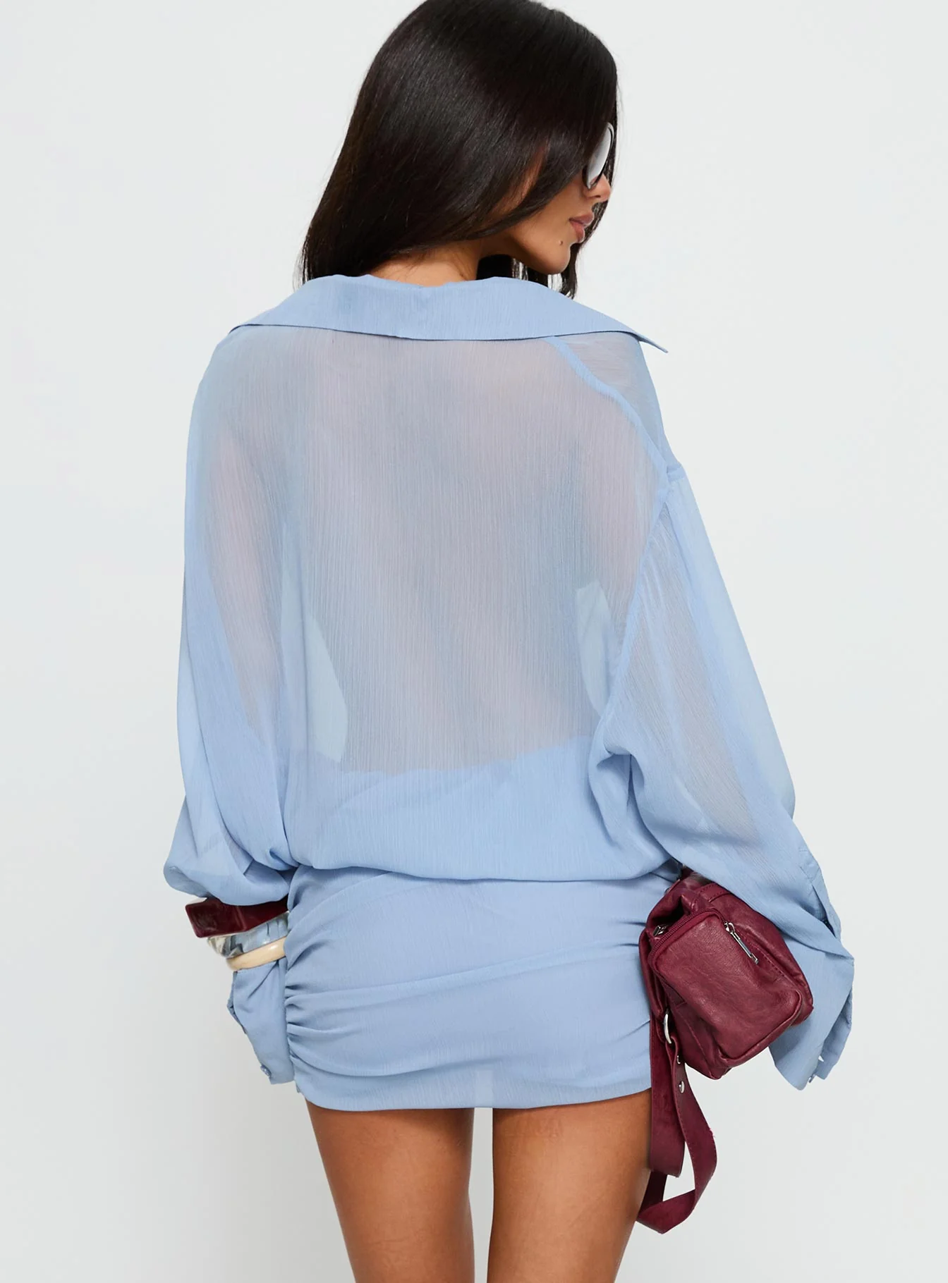 Moonrising Long Sleeve Sheer Blouson Mini Dress Blue