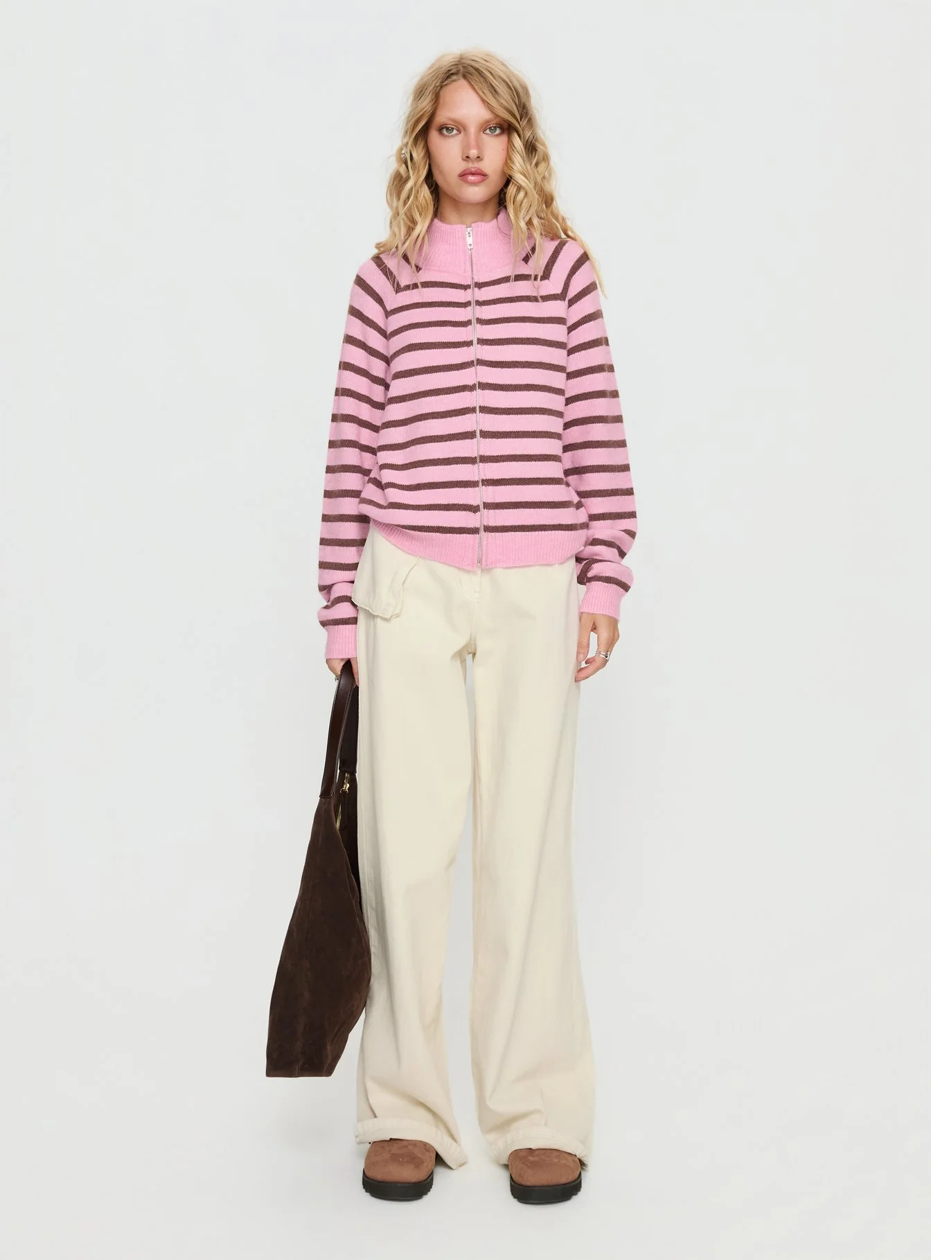 Kaylei Zip Through Cardigan Pink Stripe