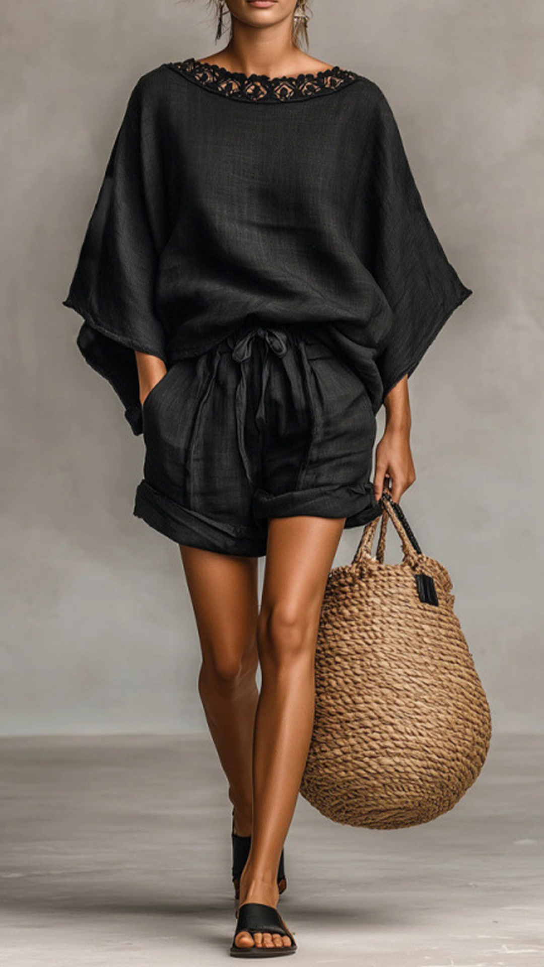 Lace Collar Batwing Sleeve Top & Drawstring Shorts Two-Piece Set - Nordfashionstorm - Women's Clothing, Fashion for You - Nordfashionstorm.com