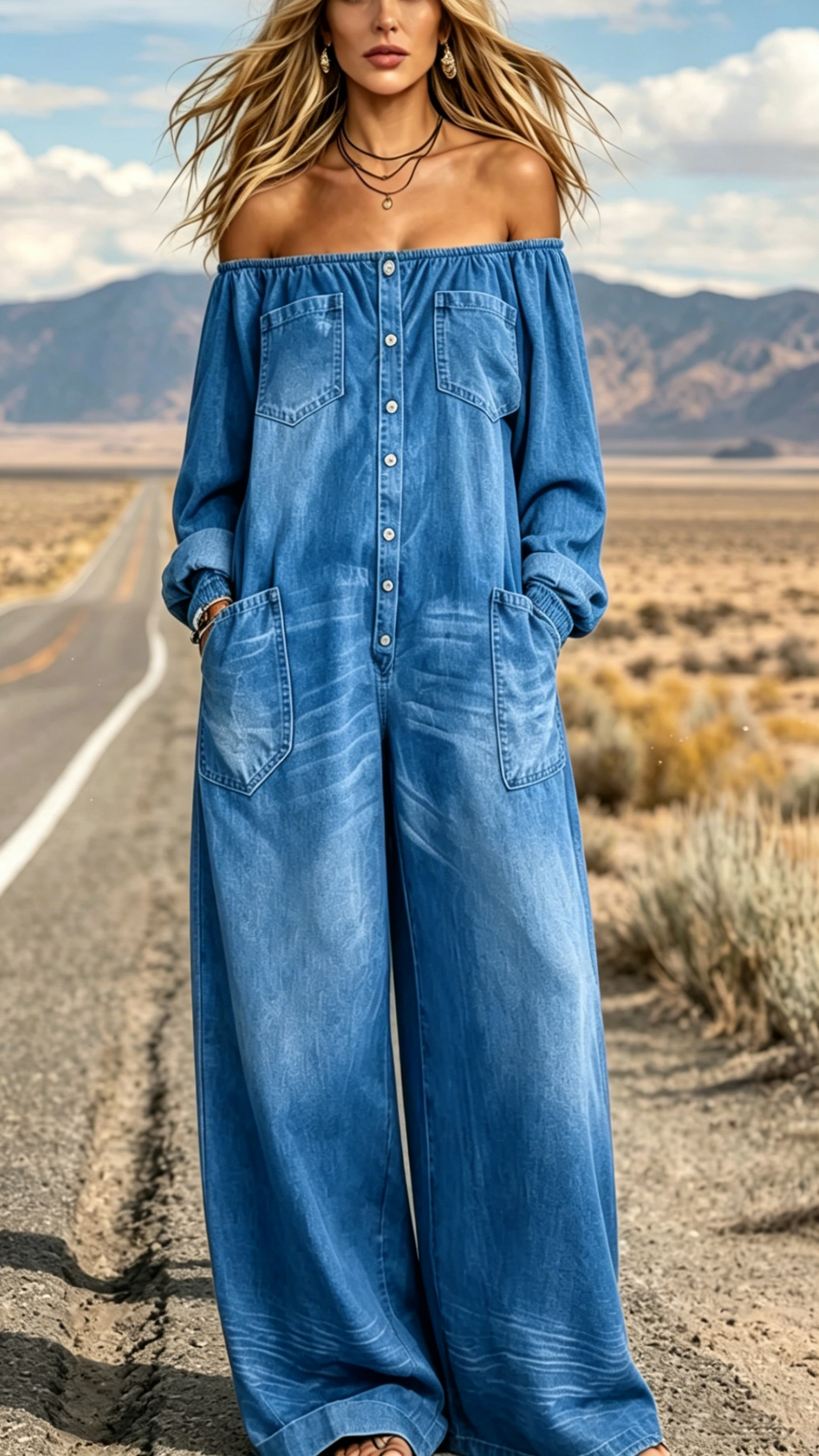 Women's Single-Breasted, Off-Shoulder, Washed Faux-Denim Jumpsuit - Nordfashionstorm - Women's Clothing, Fashion for You - Nordfashionstorm.com