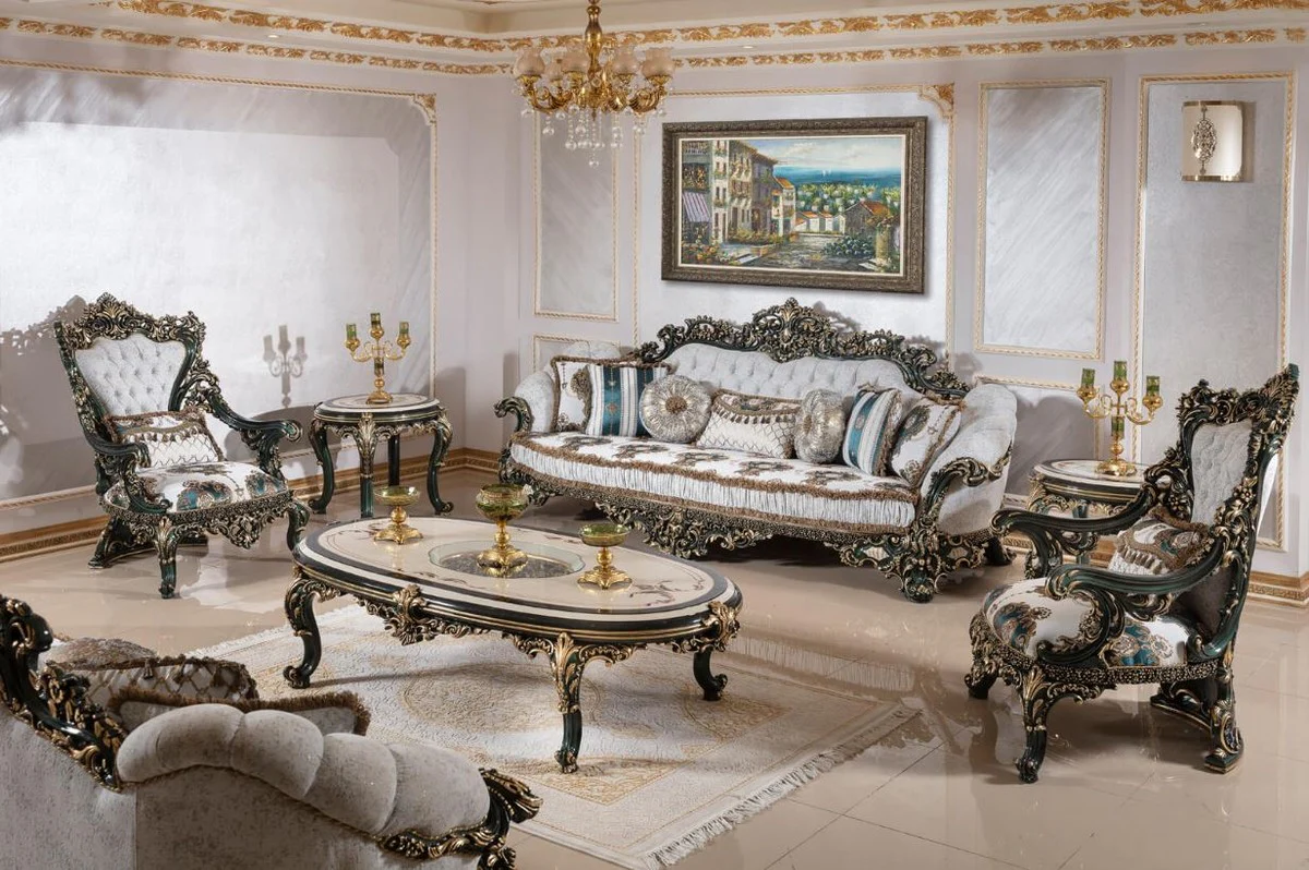 Luxury baroque coffee table beige / white / green / gold - magnificent solid wood living room table with glass top - baroque living room furniture - noble & magnificent