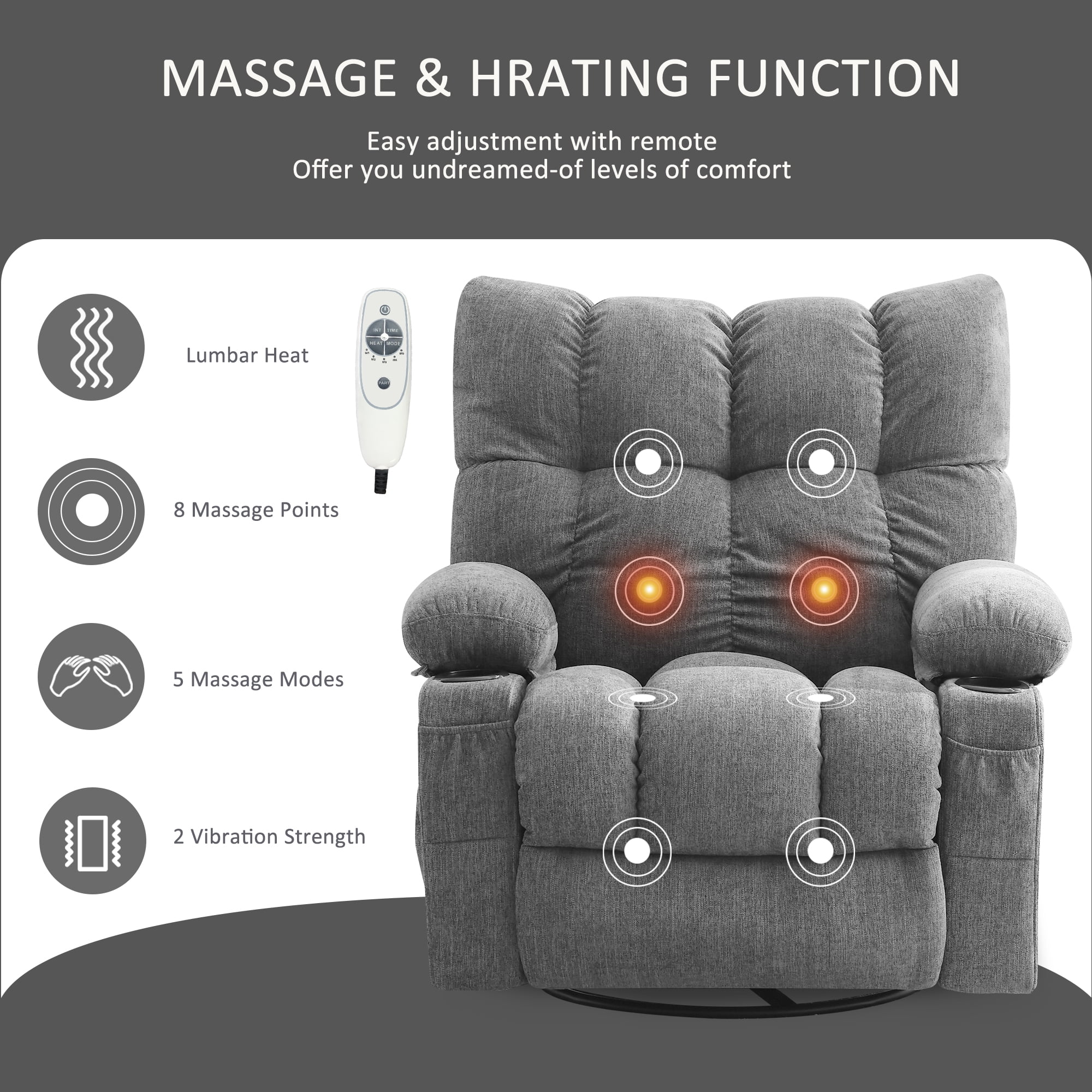JONPONY Manual Recliner Chair with Heat Therapy and Massage Function, Heavy Duty Reclining Mechanism Massage Chair, Elderly Single Rocker Sofa with Cup Holders for Bedroom Home Theater, Grey
