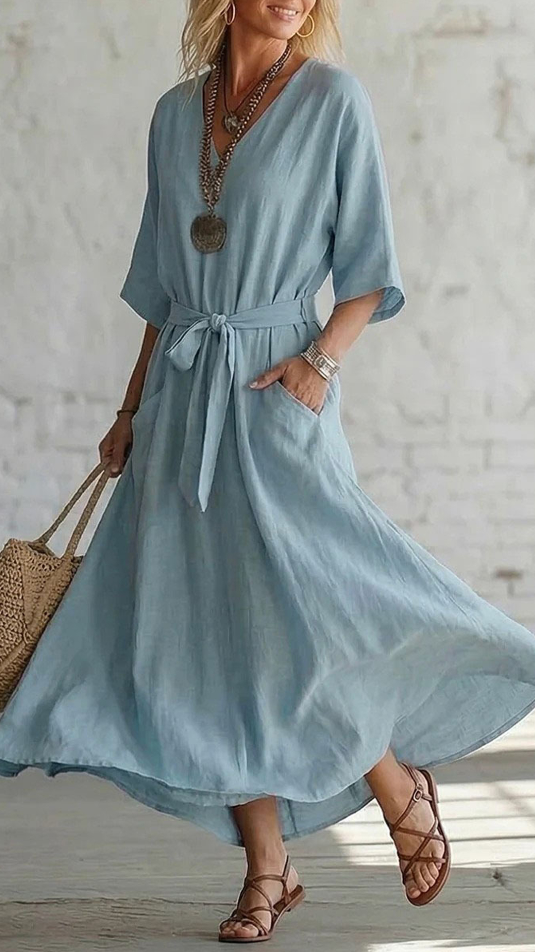Women's Cotton-Blend V-Neck Waisted Midi Dress - Nordfashionstorm - Women's Clothing, Fashion for You - Nordfashionstorm.com