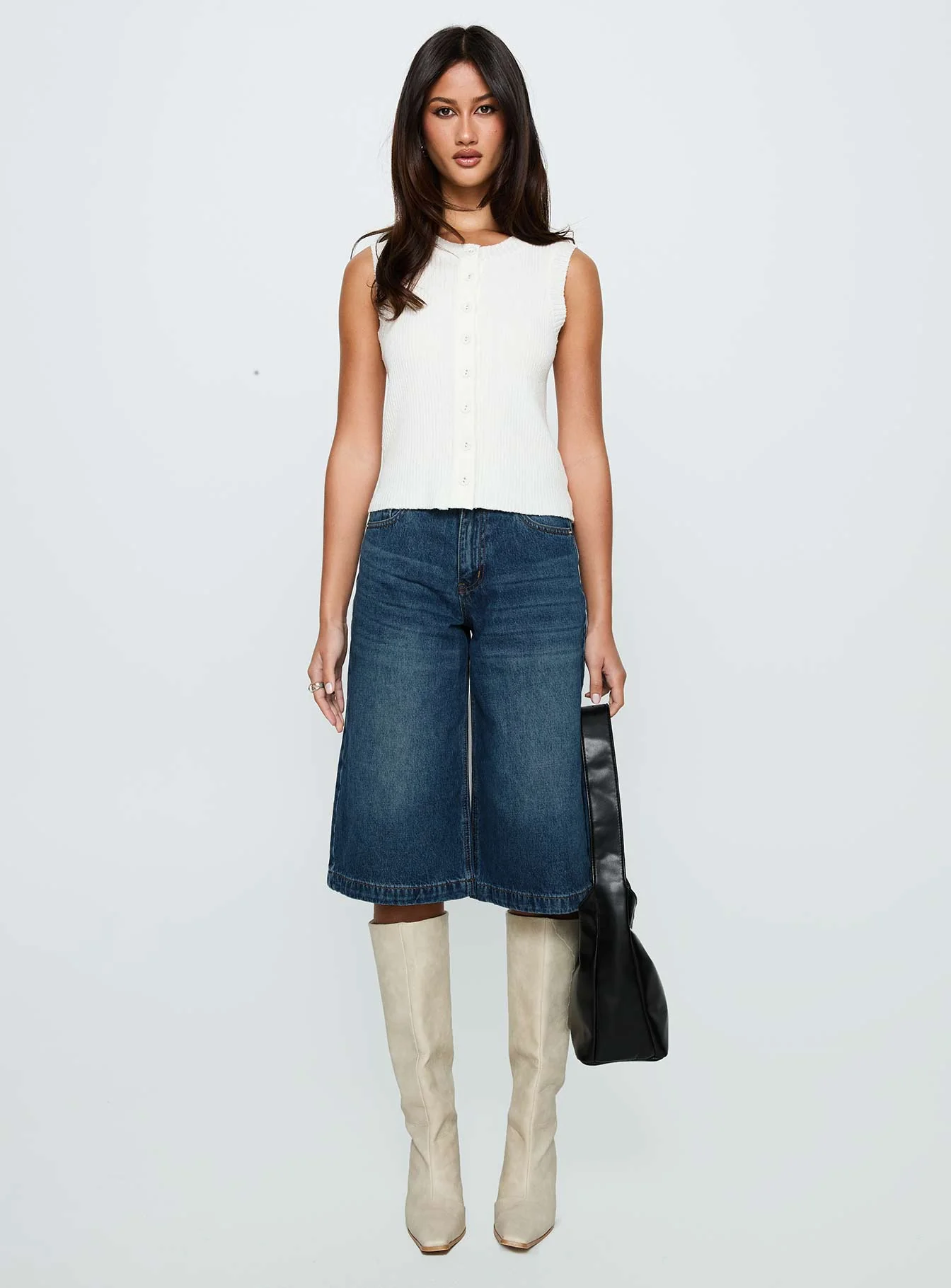 Simie Button Front Rib Top White