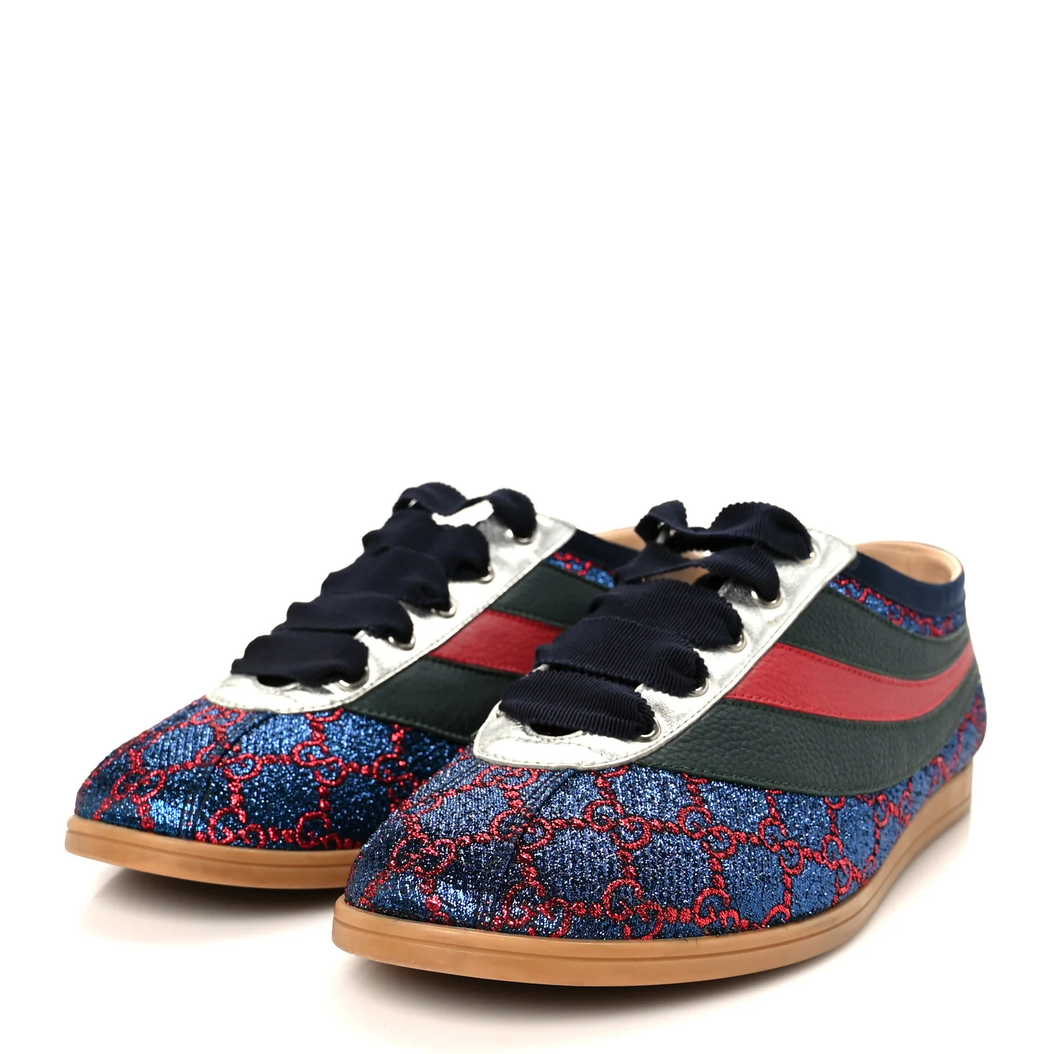 Lurex Calfskin Web GG Monogram Mens Falacer Sneakers 8.5 Iridescent Blue Iridescent Red Silver - Top Club