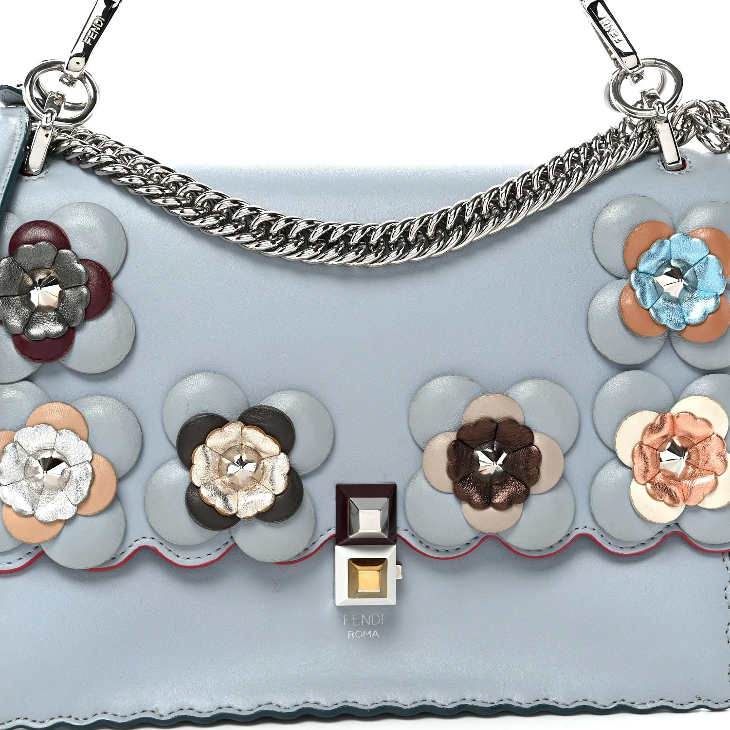 Vitello Liberty Lucido Flowerland Scalloped Studded Kan I Shoulder Bag Azzurro Polvere Multicolor - Top Club