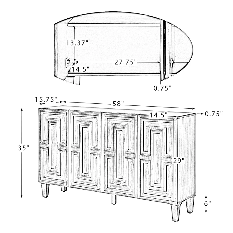 Amy 58" Wide Storage Sideboard with Solid Wood Legs