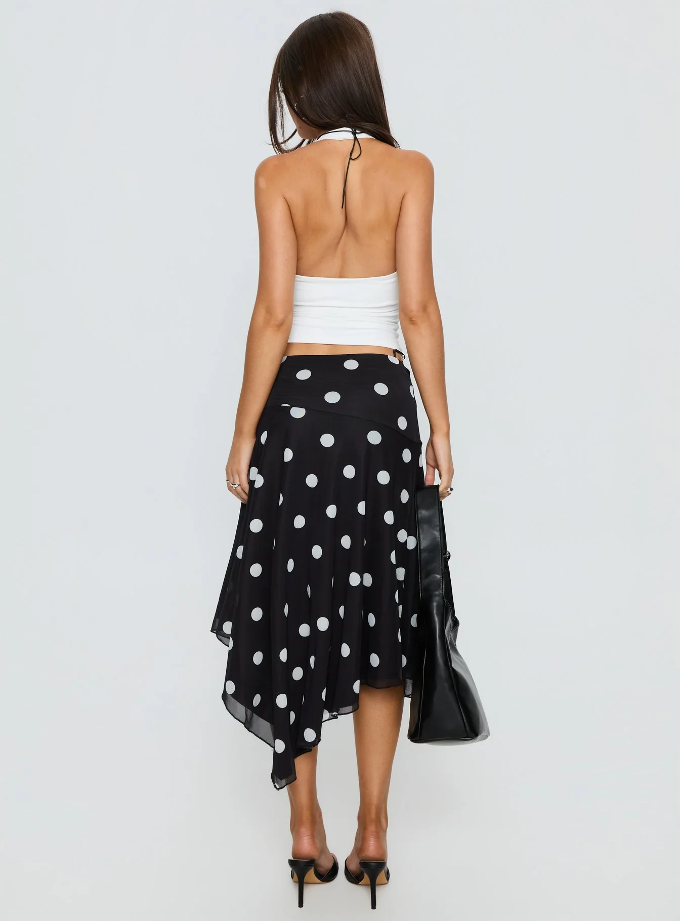 Dulciana High Split Asymmetrical Midi Skirt Black / Polka Dot