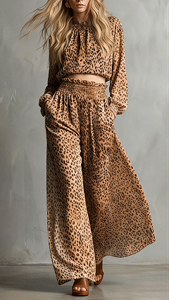 Women's Cotton-Blend Leopard Print Cropped Top & Wide-Leg Pants Set - Nordfashionstorm - Women's Clothing, Fashion for You - Nordfashionstorm.com