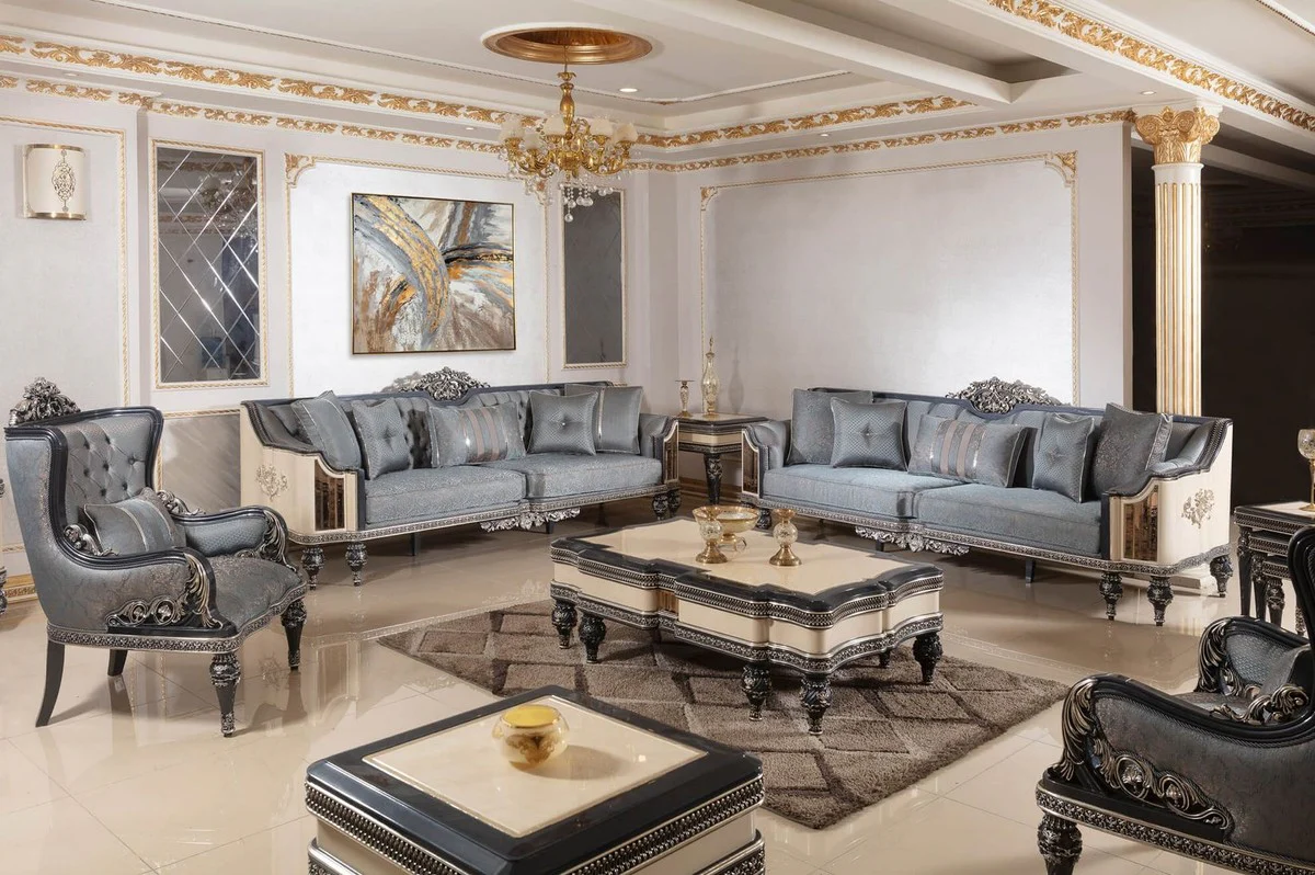 Luxury Baroque Living Room Set Light Blue / Beige / Black / Gold - 2 Sofas & 2 Armchairs & 1 Coffee Table & 2 Side Tables - Handmade Living Room Furniture in Baroque Style - Noble & Magnificent