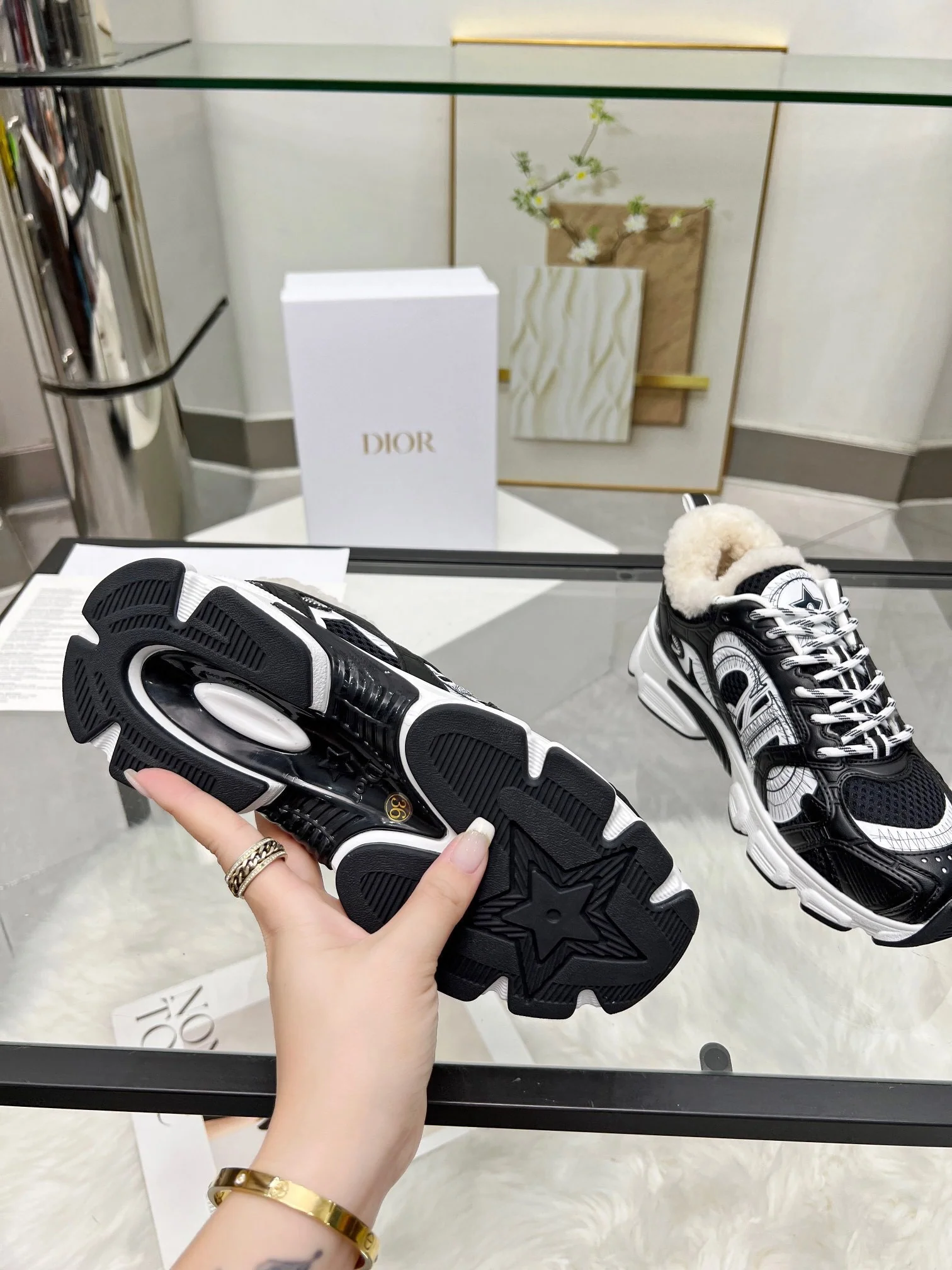 Women's Dior Black And White Sneakers With Fleece Lining - Sneaker Replica Workshop