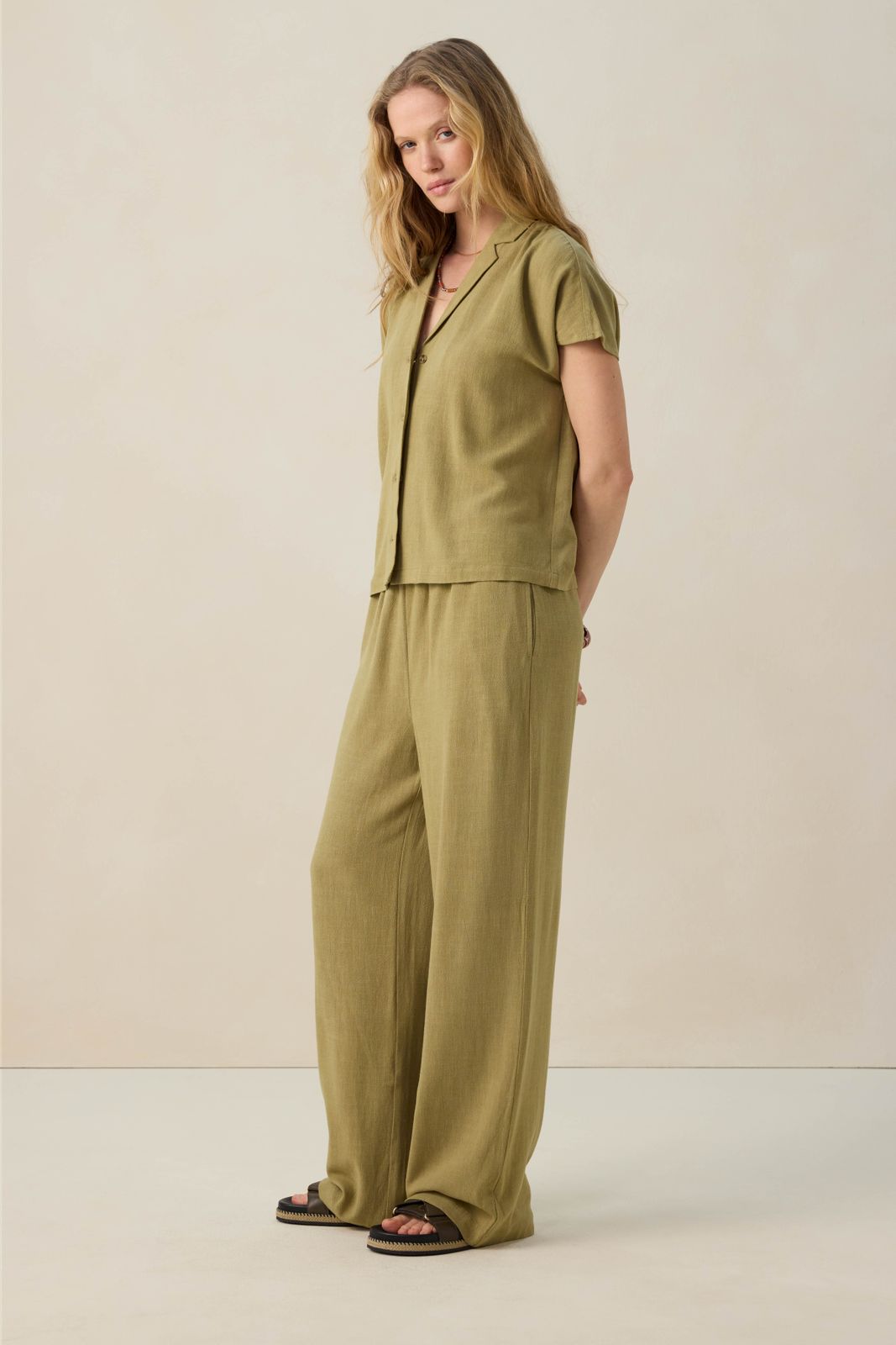 Groene linnen high waist wide leg broek