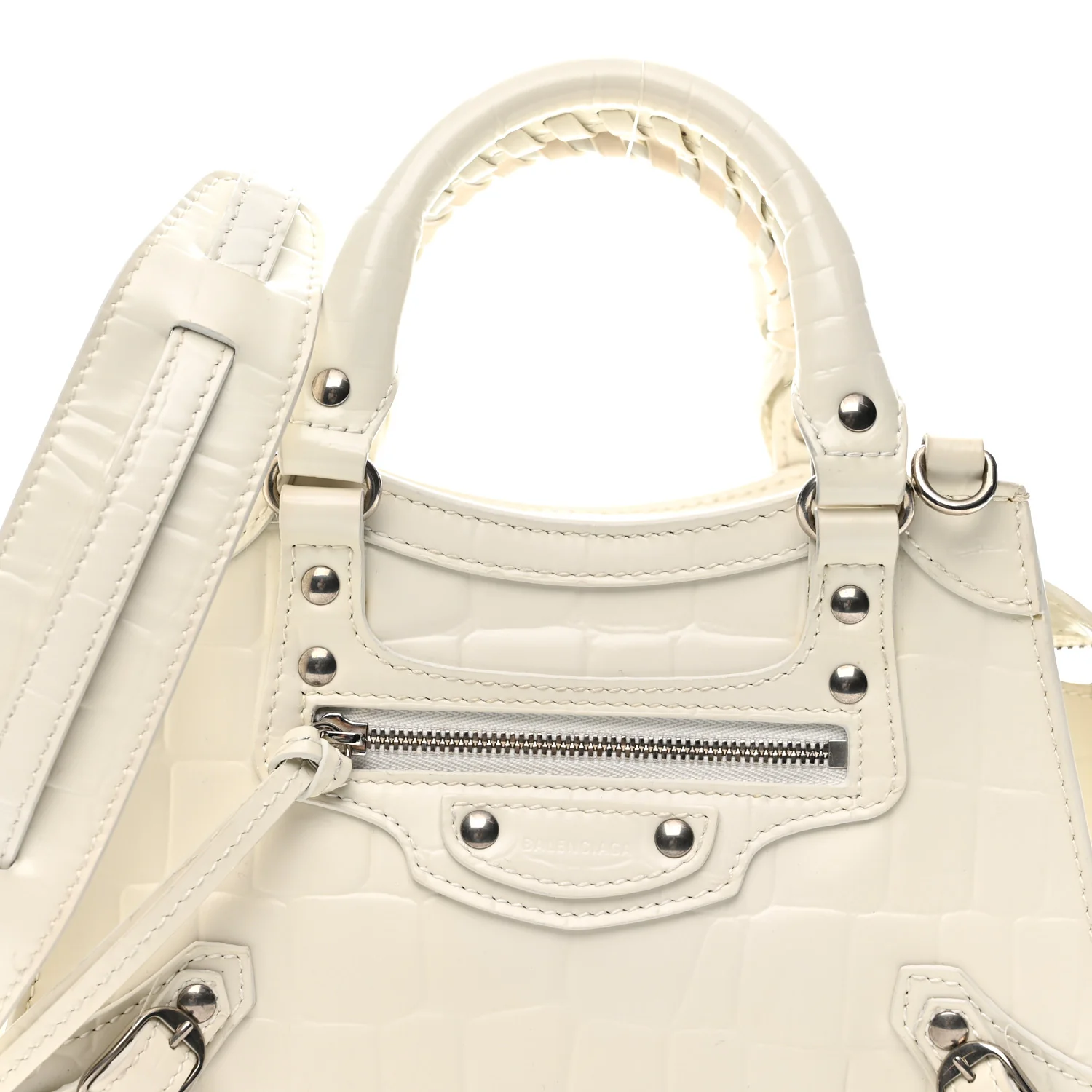 Semi Shiny Calfskin Crocodile Embossed Neo Classic Silver Hardware Mini City White - Top Club
