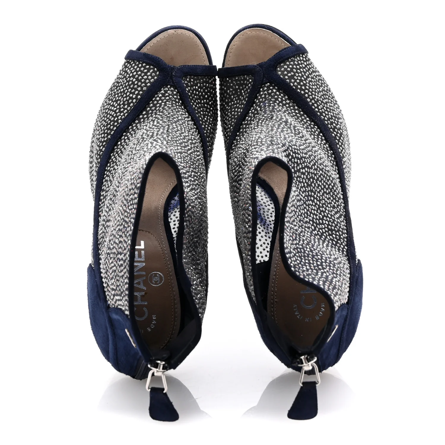 Mesh Crystal Open Toe Ankle Boots 40 Navy