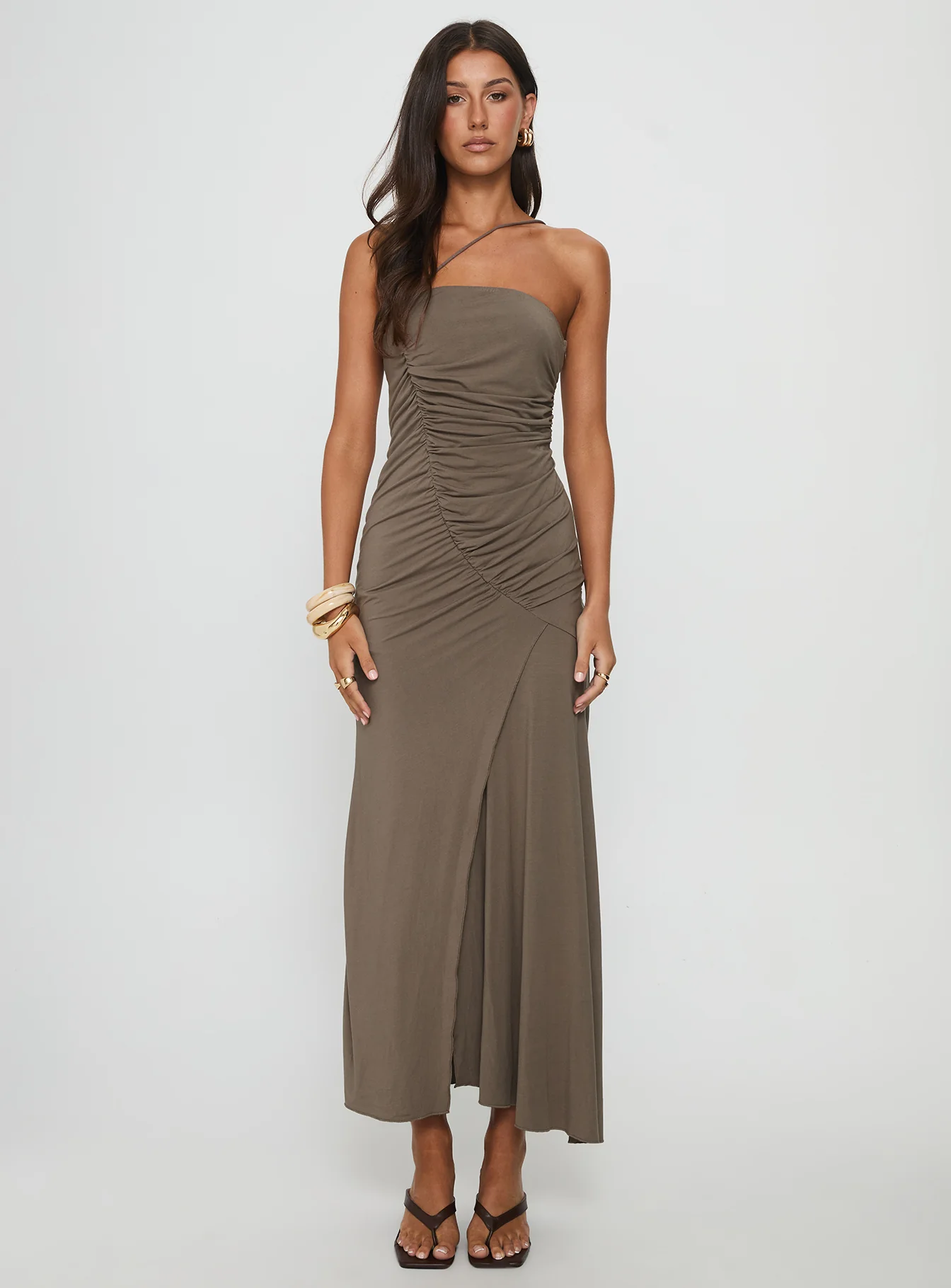 Romanie One Shoulder Ruched Maxi Dress Taupe