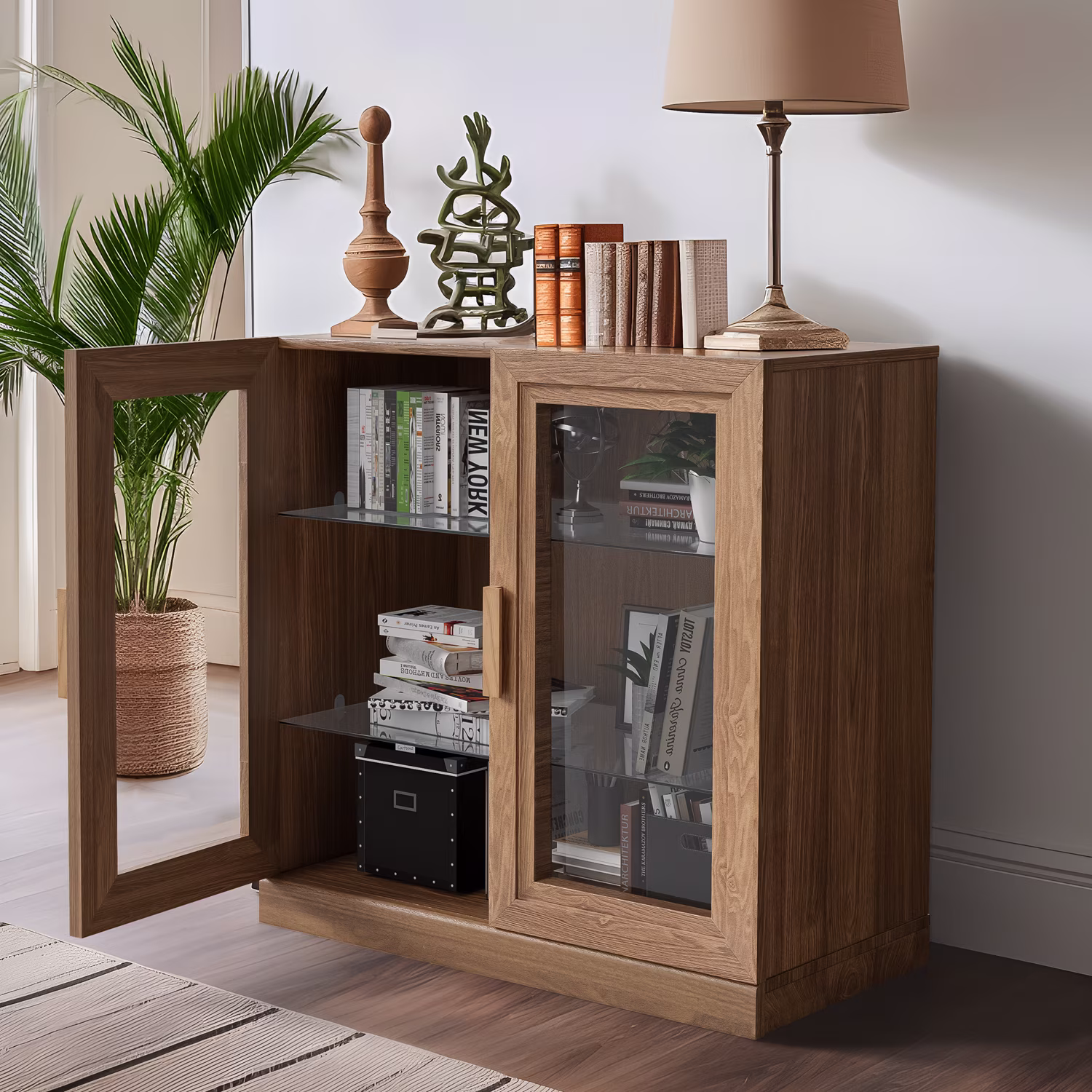MAYEERTY 31" Wood Display Cabinet Storage Cabinet DIY Combination Cabinets with Glass Door, Natural Wood