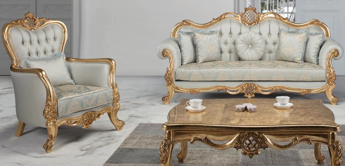 Luxury baroque living room set light blue / turquoise / gold - 2 sofas & 2 armchairs & 1 coffee table - living room furniture in baroque style - noble & magnificent