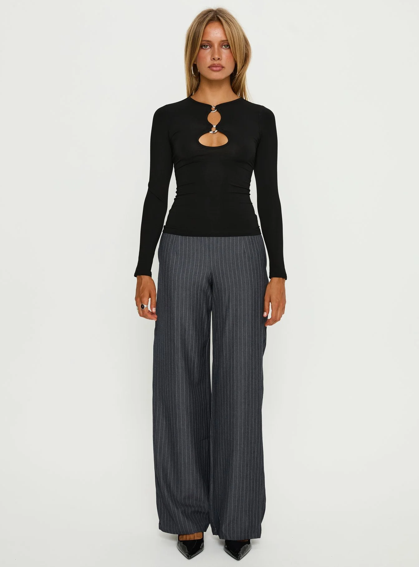 Khane Low Rise Wide Leg Pant Charcoal Pinstripe