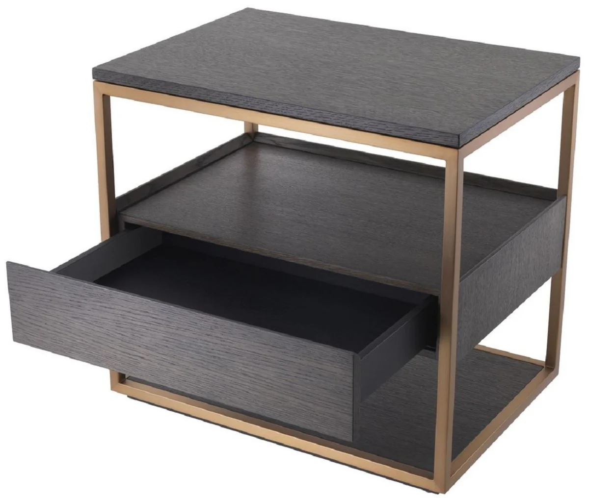 Luxury side table with drawer mocha / copper 65 x 46 x H. 61 cm - oak veneer bedside table with stainless steel frame - luxury furniture