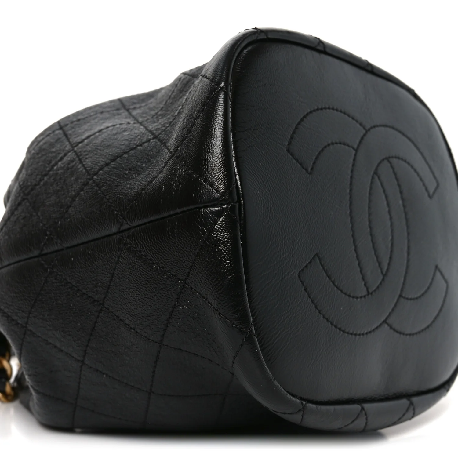 Shiny Lambskin Quilted Fashion Therapy Bucket Drawstring Bag Black - Top Club