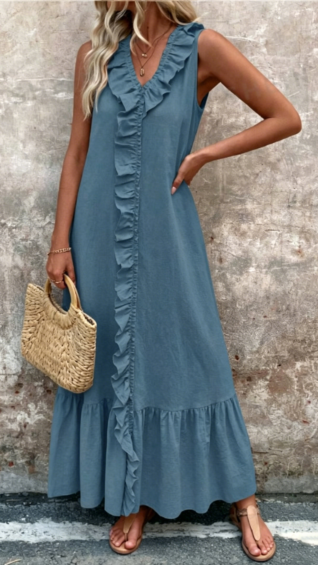 Women's Cotton-Blend Textured Sleeveless Ruffle Maxi Dress - Nordfashionstorm - Women's Clothing, Fashion for You - Nordfashionstorm.com
