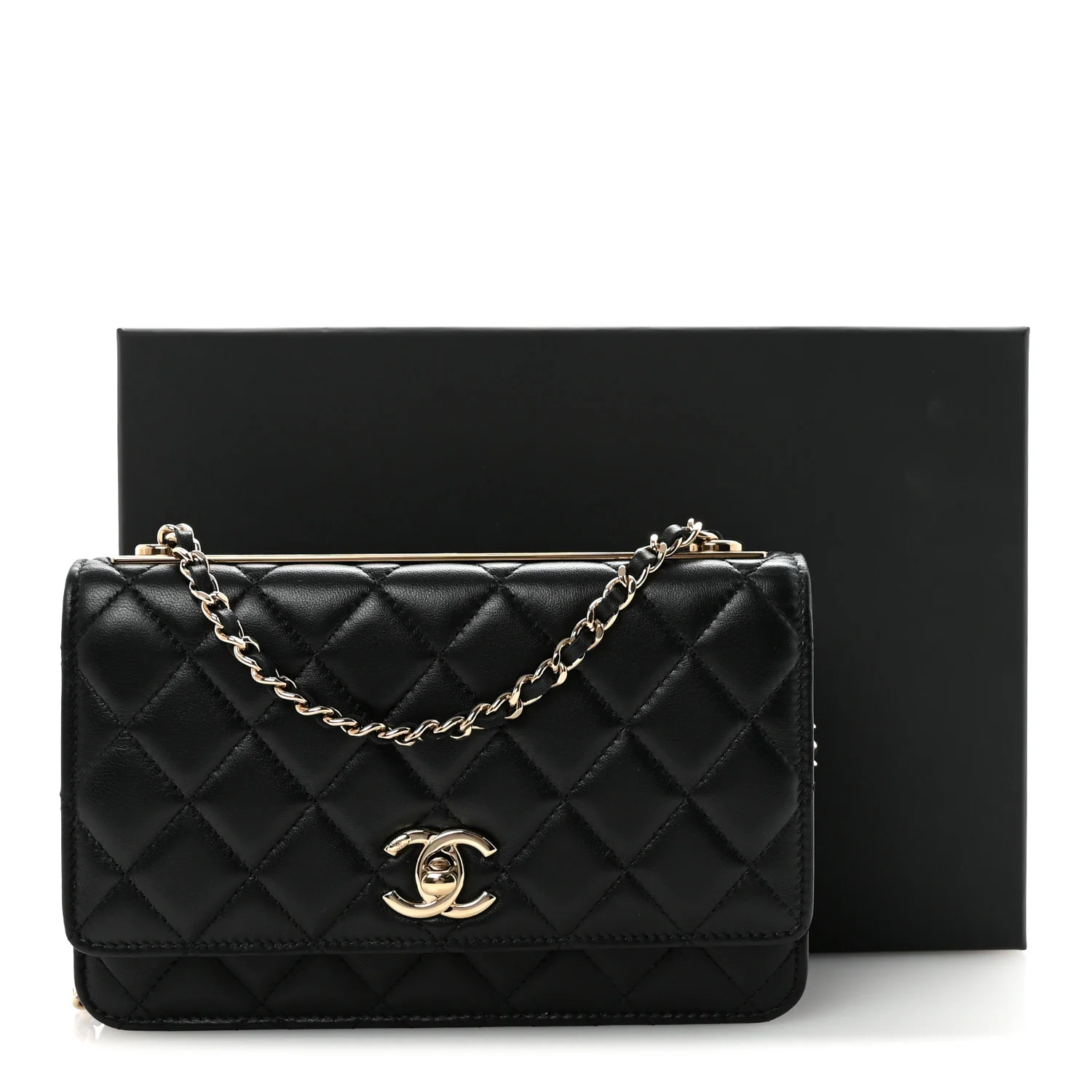 Lambskin Quilted Trendy CC Wallet On Chain WOC Black - Top Club