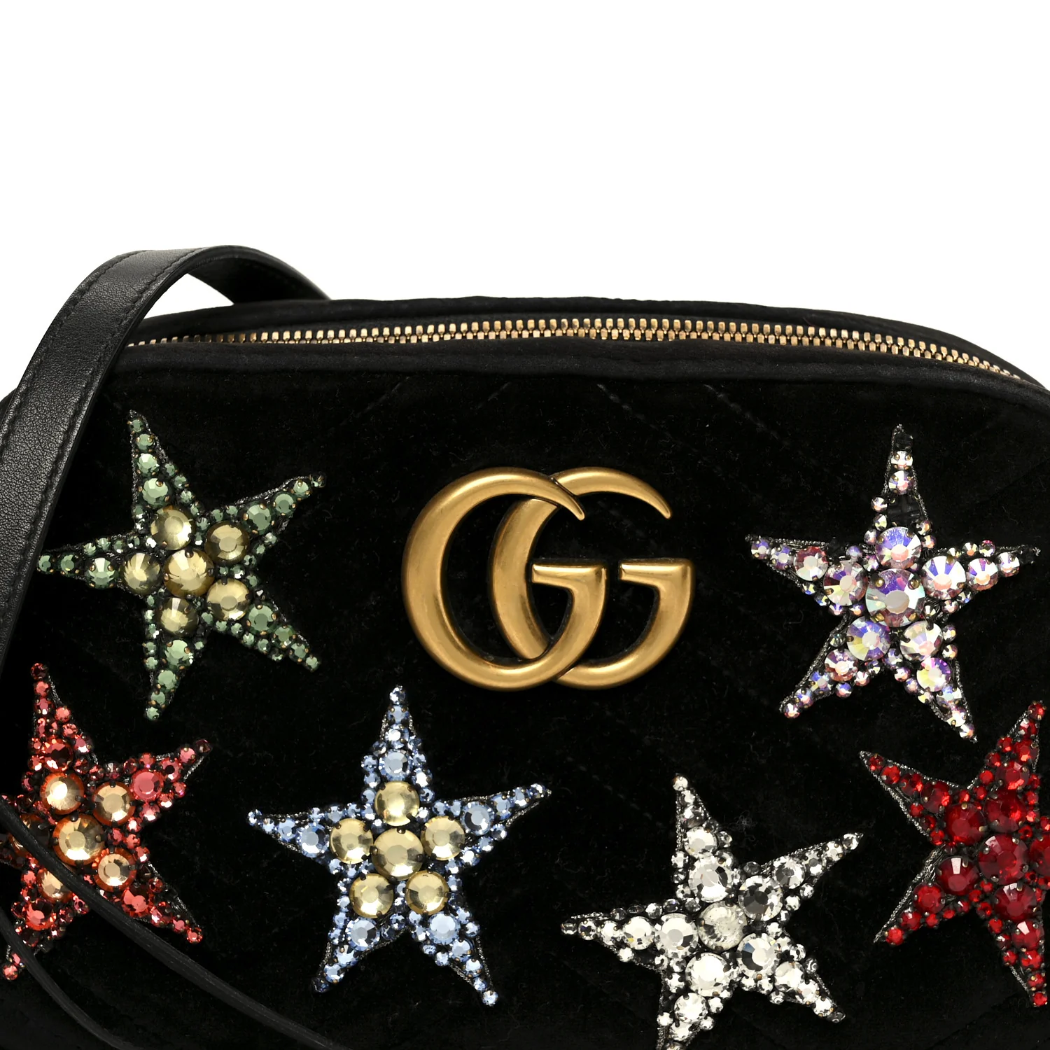 Velvet Matelasse Crystal Star Embroidered Small GG Marmont Chain Shoulder Bag Black - Top Club