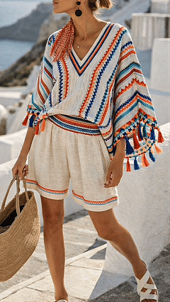 Women's Cotton‑blend Off‑ Striped V‑Neck Batwing Sleeve Waist‑cinched Shorts Set - Nordfashionstorm - Women's Clothing, Fashion for You - Nordfashionstorm.com