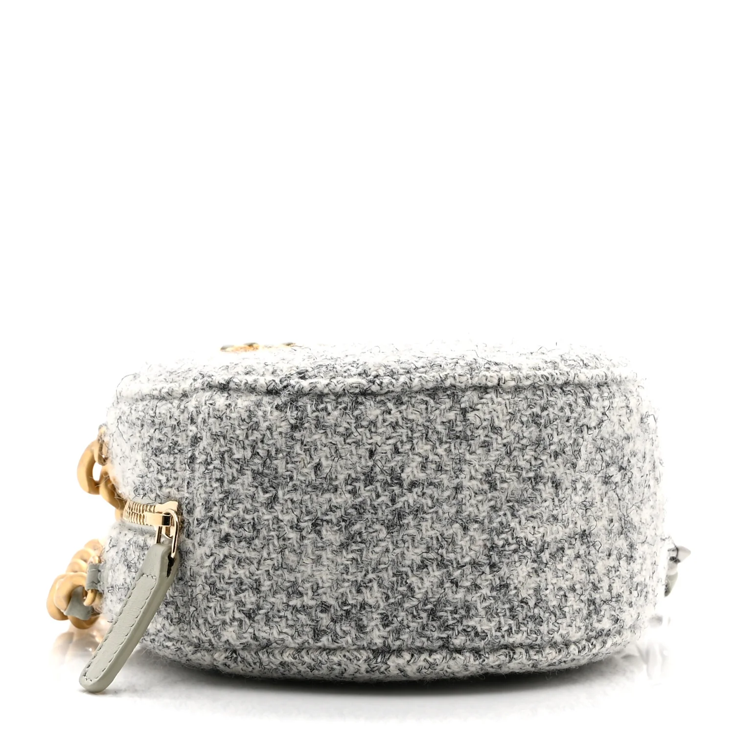 Wool Tweed Lambskin Quilted Chanel 19 Round Clutch With Chain Grey Ecru - Top Club