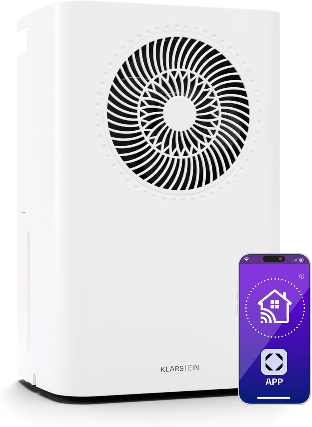 Klarstein CircleDry 12L Deumidificatore Portatile, Wi-Fi App, Silenzioso 38dB, Timer 24h, Drenaggio Continuo, Controllo Umidità, per Casa & Ufficio, Stanze fino a 24m², Bianco