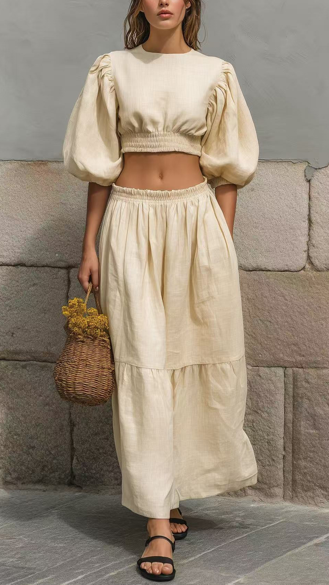 Women's Cotton-Blend Puff-Sleeve Crop Top & Skirt Set - Nordfashionstorm - Women's Clothing, Fashion for You - Nordfashionstorm.com