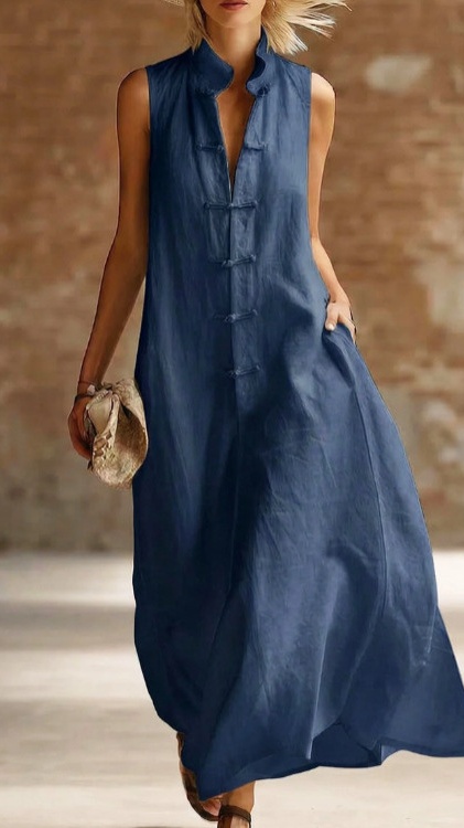 Women's Loose-Fit Stand-Collar Linen-Cotton Dress - Nordfashionstorm - Women's Clothing, Fashion for You - Nordfashionstorm.com