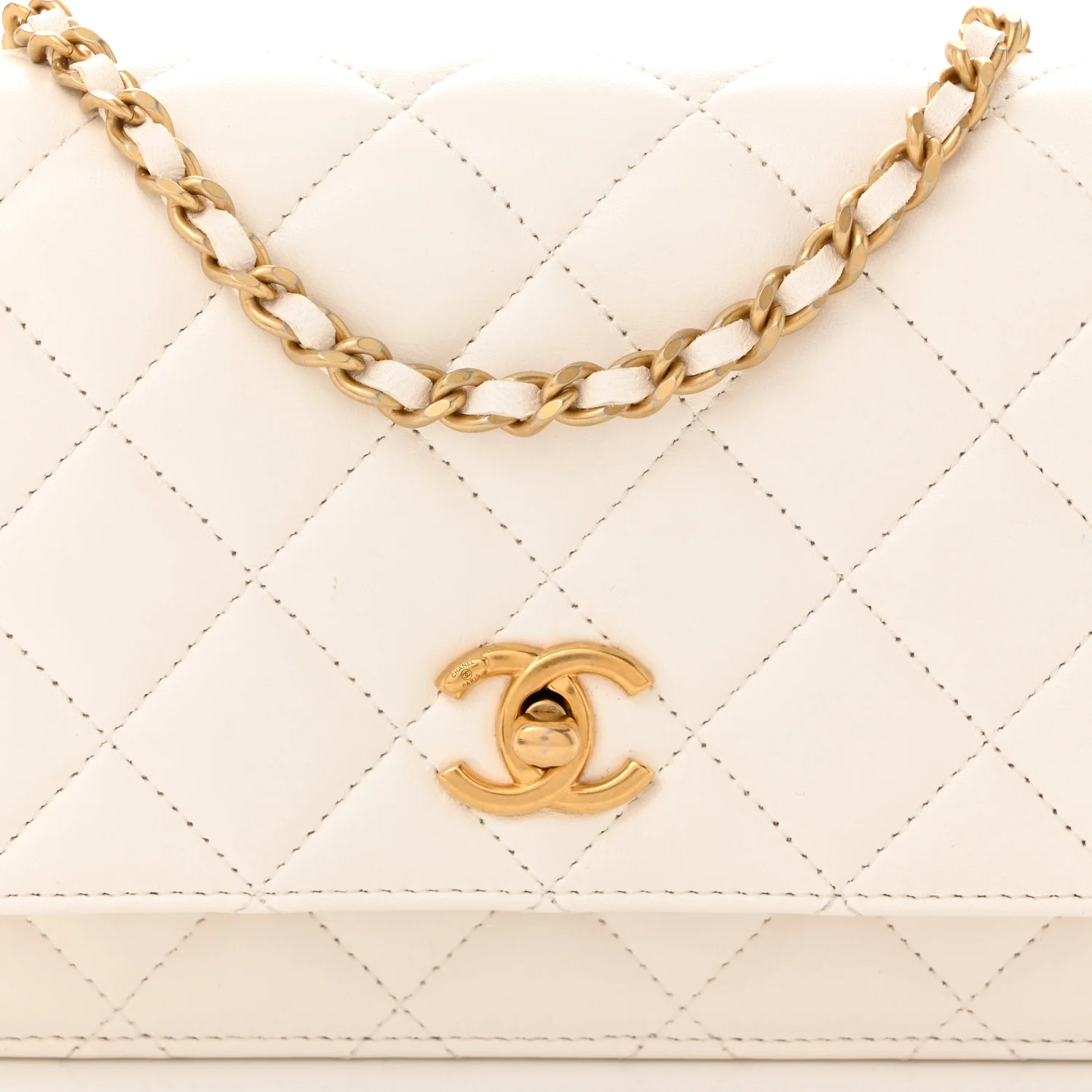 Lambskin Quilted CC Pearl Crush Wallet on Chain WOC White - Top Club