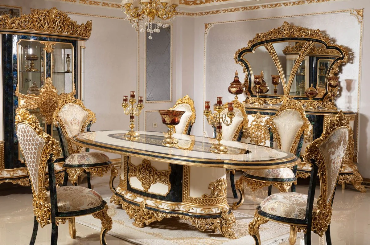 Luxury baroque dining table white / blue / gold - magnificent solid wood dining room table in baroque style - baroque dining room furniture - noble & magnificent