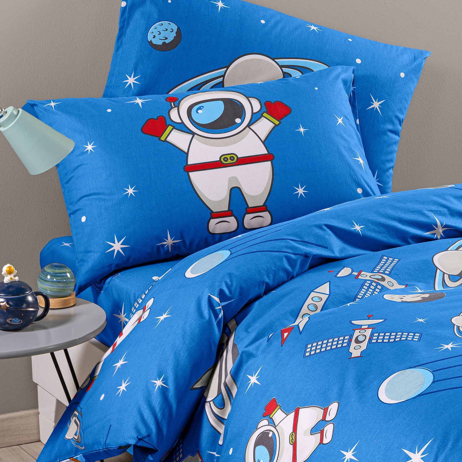 Completo Copripiumino In Cotone Spazio Piazza E Mezza Blu Caleffi Kids