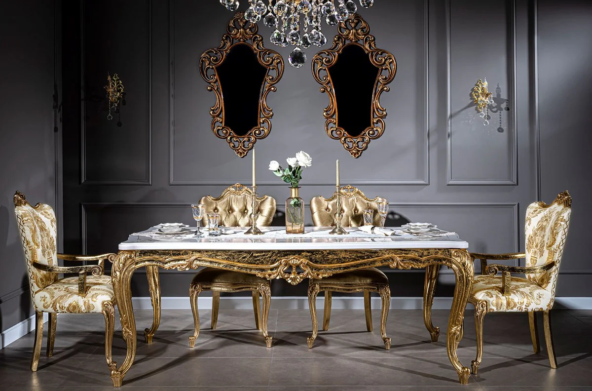 Luxury baroque dining table white / gold 202 x 102 x H. 80 cm - solid wood kitchen table - dining room table - magnificent dining room furniture in the baroque style
